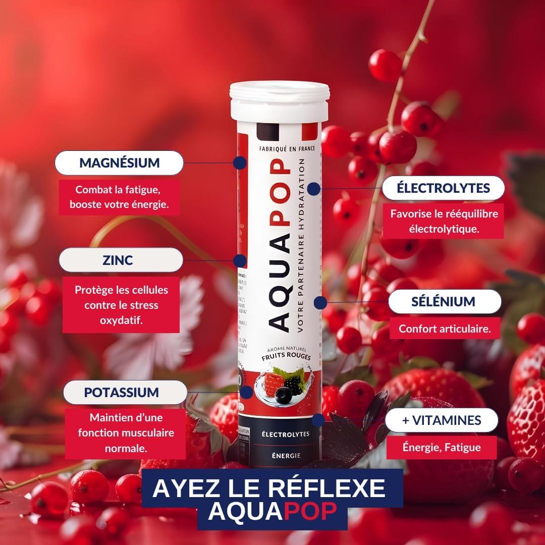 imageAQUAPOP Pastilles lectrolytes Sans Sucres Favorise lhydratation et lnergie 20 Comprims Minraux et Vitamines Sport ampamp Bientre Fruits RougesFruits Rouges