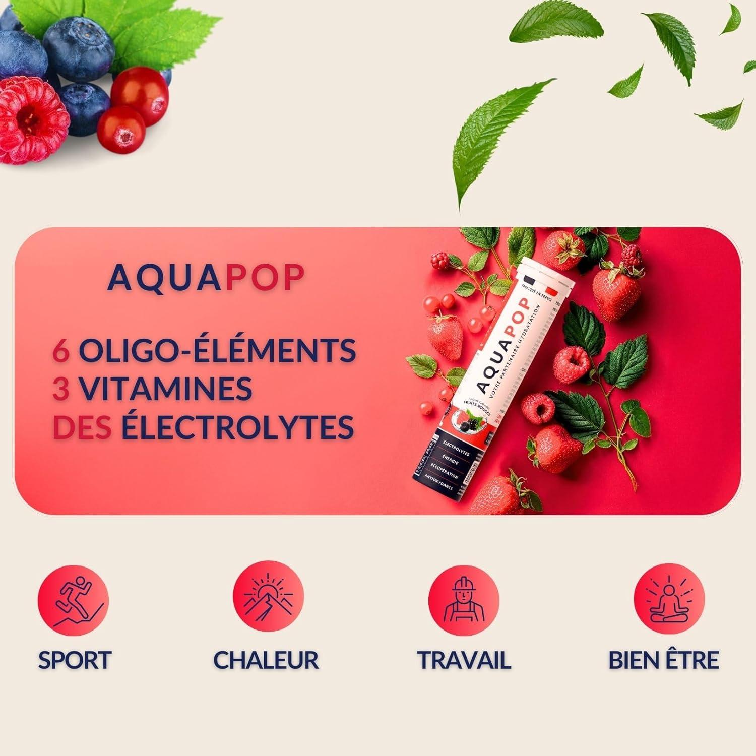 imageAQUAPOP Pastilles lectrolytes Sans Sucres Favorise lhydratation et lnergie 20 Comprims Minraux et Vitamines Sport ampamp Bientre Fruits RougesFruits Rouges