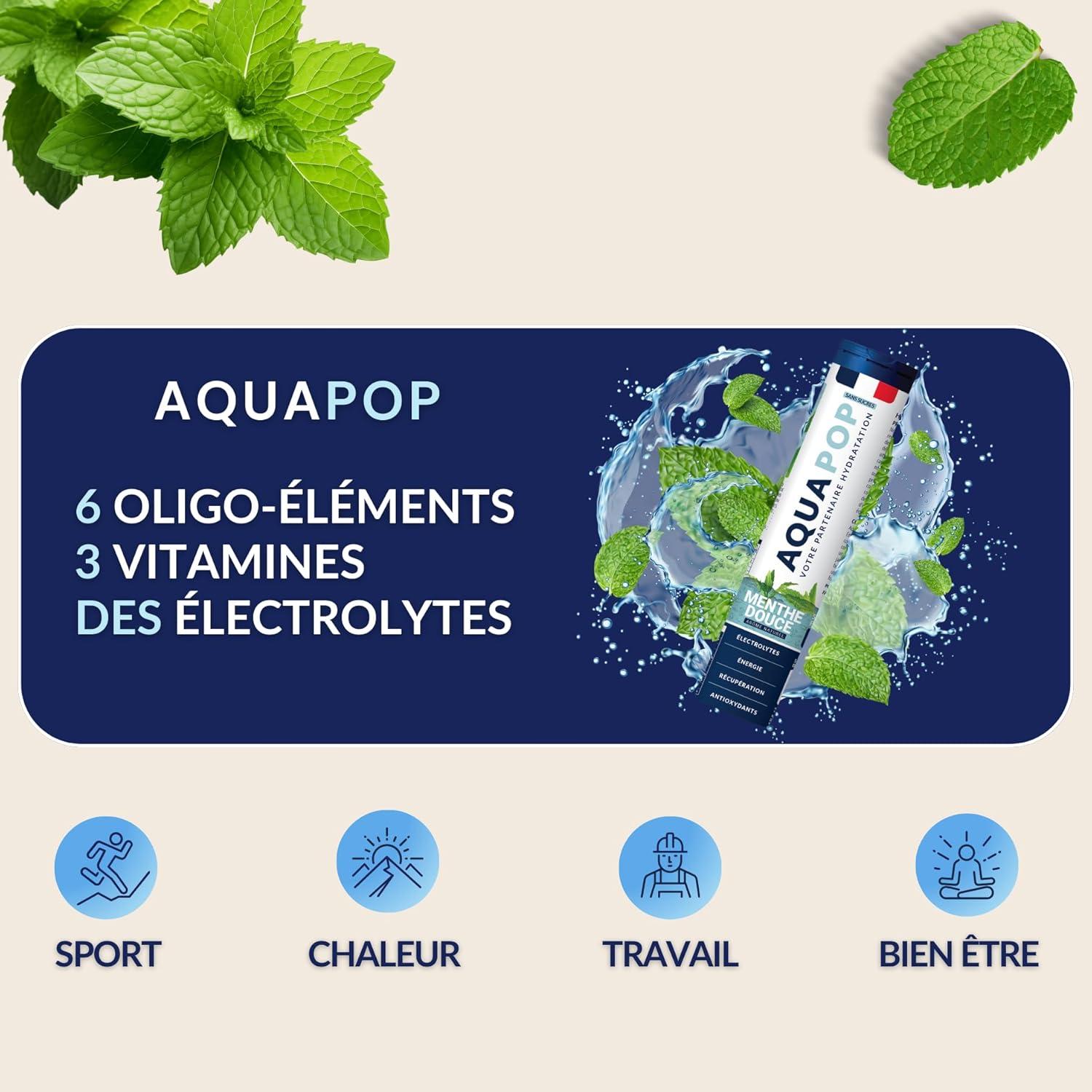 imageAQUAPOP Pastilles lectrolytes Sans Sucres Favorise lhydratation et lnergie 20 Comprims Minraux et Vitamines Sport ampamp Bientre Fruits RougesMenthe Douce