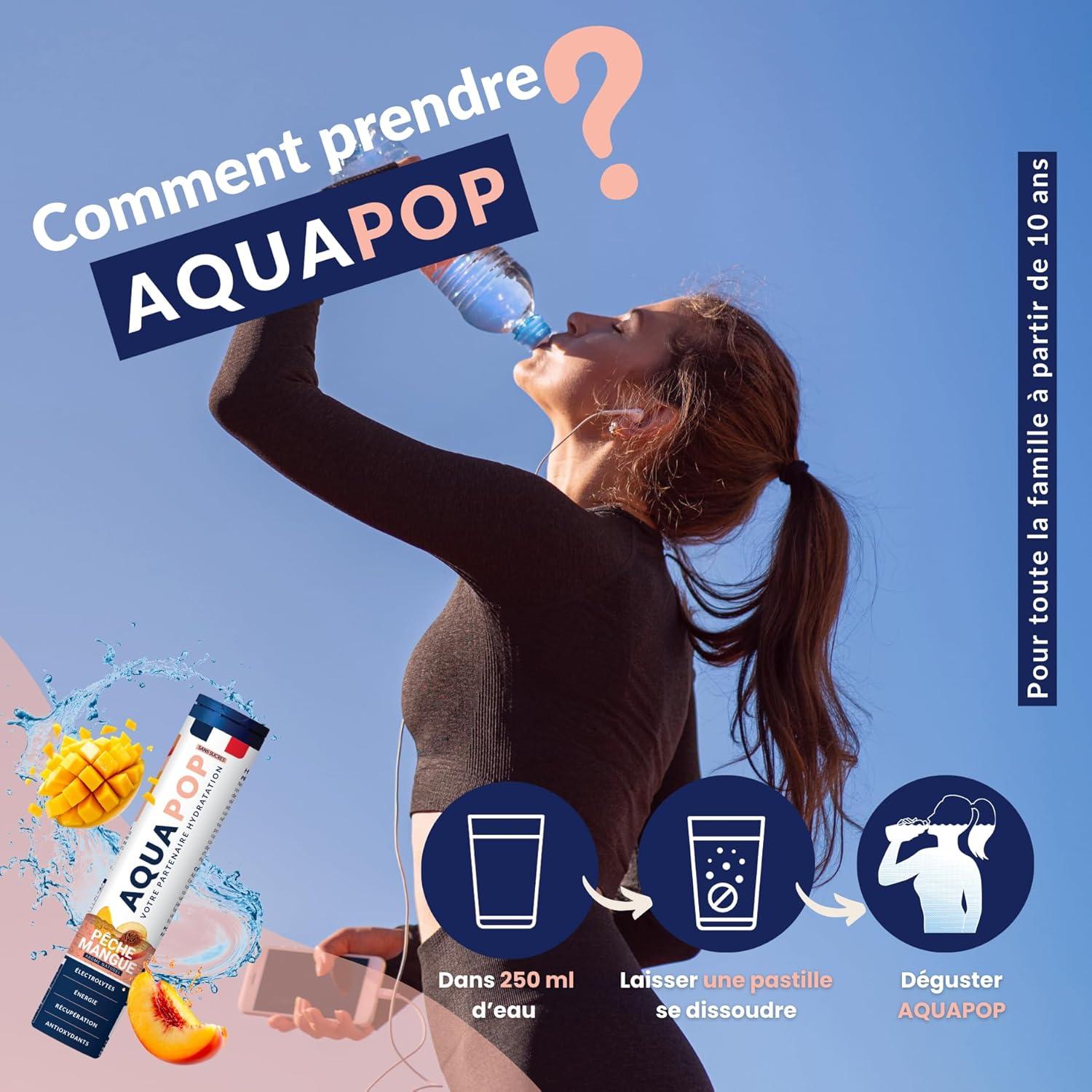 imageAQUAPOP Pastilles lectrolytes Sans Sucres Favorise lhydratation et lnergie 20 Comprims Minraux et Vitamines Sport ampamp Bientre Fruits RougesPcheMangue