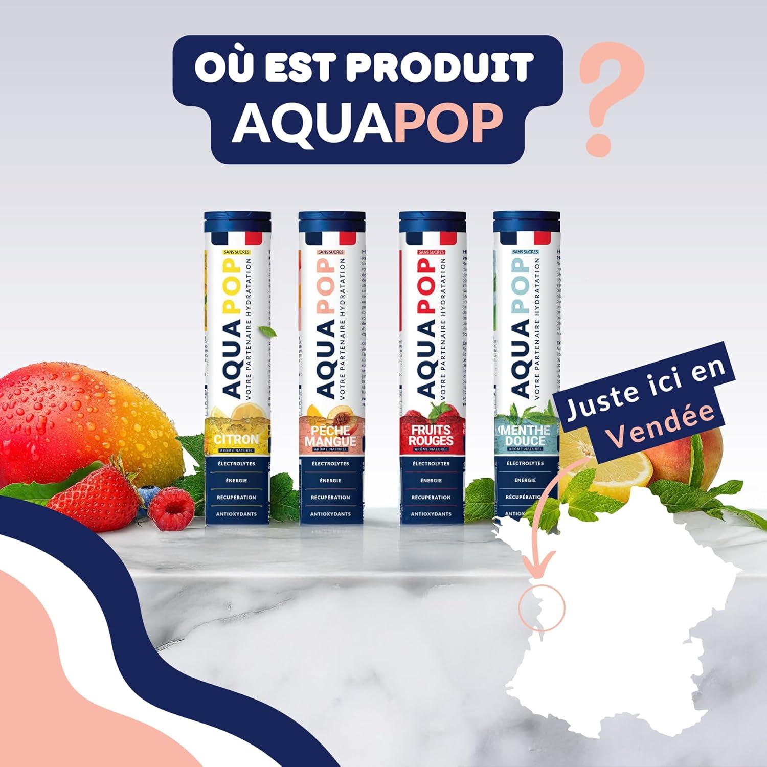 imageAQUAPOP Pastilles lectrolytes Sans Sucres Favorise lhydratation et lnergie 20 Comprims Minraux et Vitamines Sport ampamp Bientre Fruits RougesPcheMangue