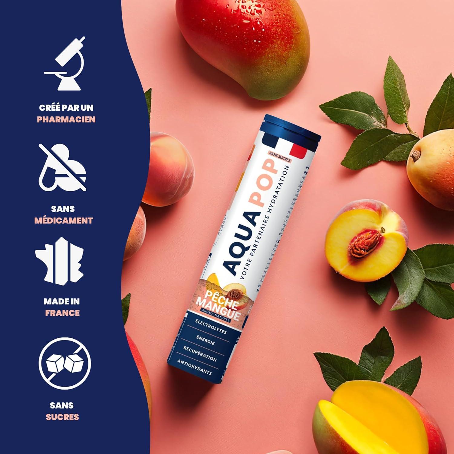 imageAQUAPOP Pastilles lectrolytes Sans Sucres Favorise lhydratation et lnergie 20 Comprims Minraux et Vitamines Sport ampamp Bientre Fruits RougesPcheMangue