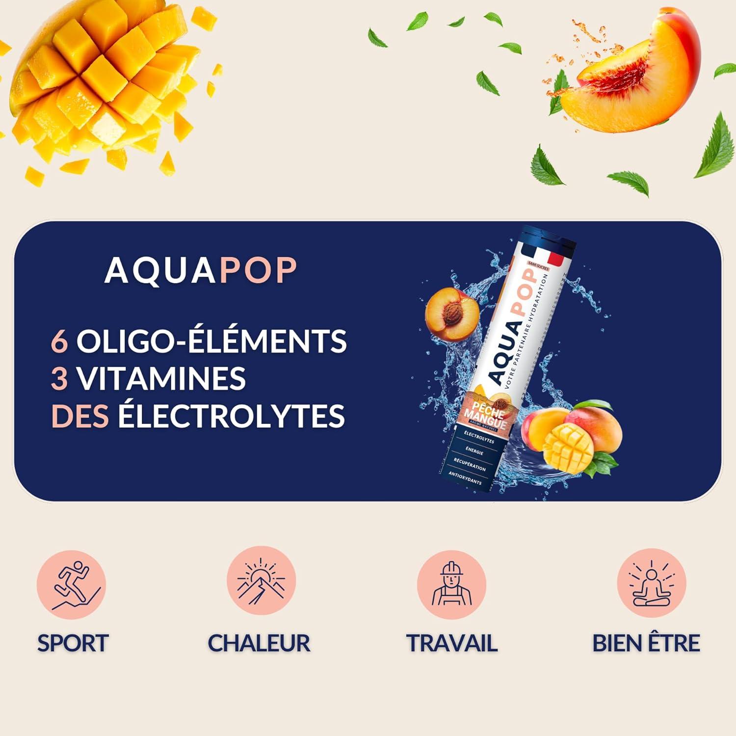 imageAQUAPOP Pastilles lectrolytes Sans Sucres Favorise lhydratation et lnergie 20 Comprims Minraux et Vitamines Sport ampamp Bientre Fruits RougesPcheMangue