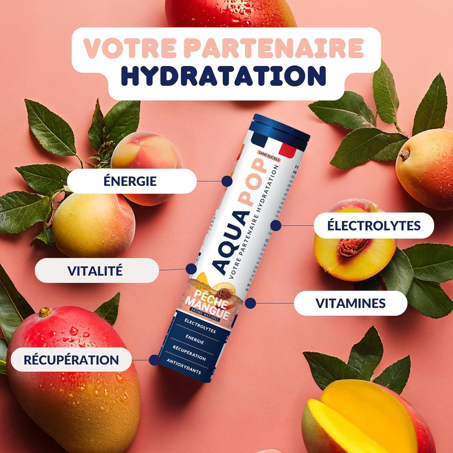 imageAQUAPOP Pastilles lectrolytes Sans Sucres Favorise lhydratation et lnergie 20 Comprims Minraux et Vitamines Sport ampamp Bientre Fruits RougesPcheMangue