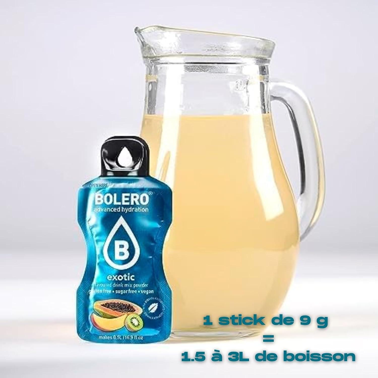 imageBOLERO Exotiques Assortiment de 10 sticks 9g de Poudre pour Boisson sans sucre la Stevia Sans Conservateur ni colorants artificiels Faible en calories il convient pour toute la FamilleExotique