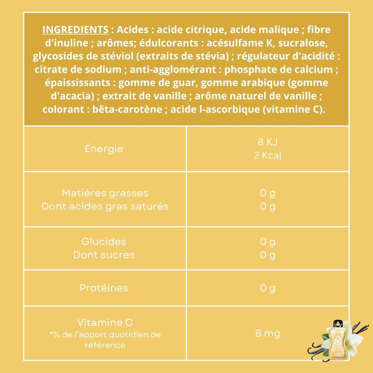 imageBOLERO Exotiques Assortiment de 10 sticks 9g de Poudre pour Boisson sans sucre la Stevia Sans Conservateur ni colorants artificiels Faible en calories il convient pour toute la FamilleVanille