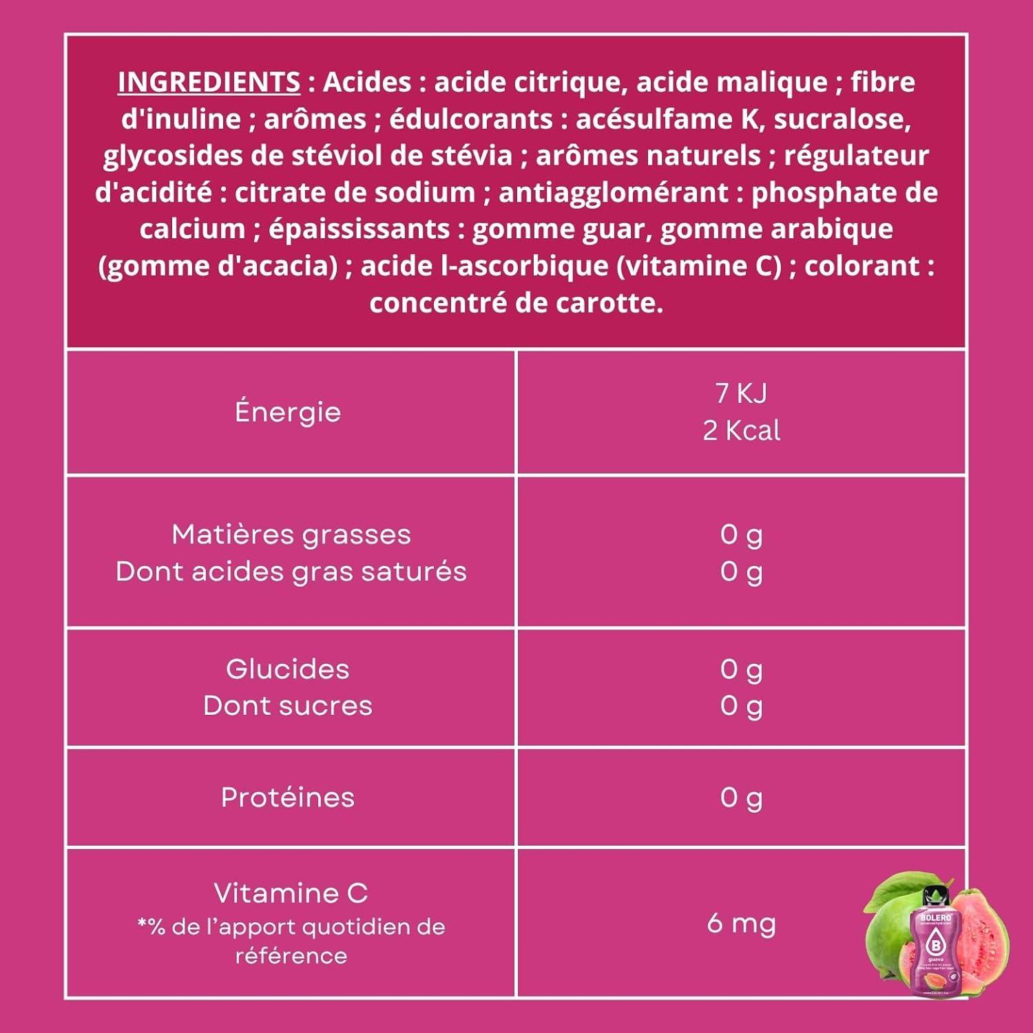 imageBOLERO Exotiques Assortiment de 10 sticks 9g de Poudre pour Boisson sans sucre la Stevia Sans Conservateur ni colorants artificiels Faible en calories il convient pour toute la FamilleGoyave