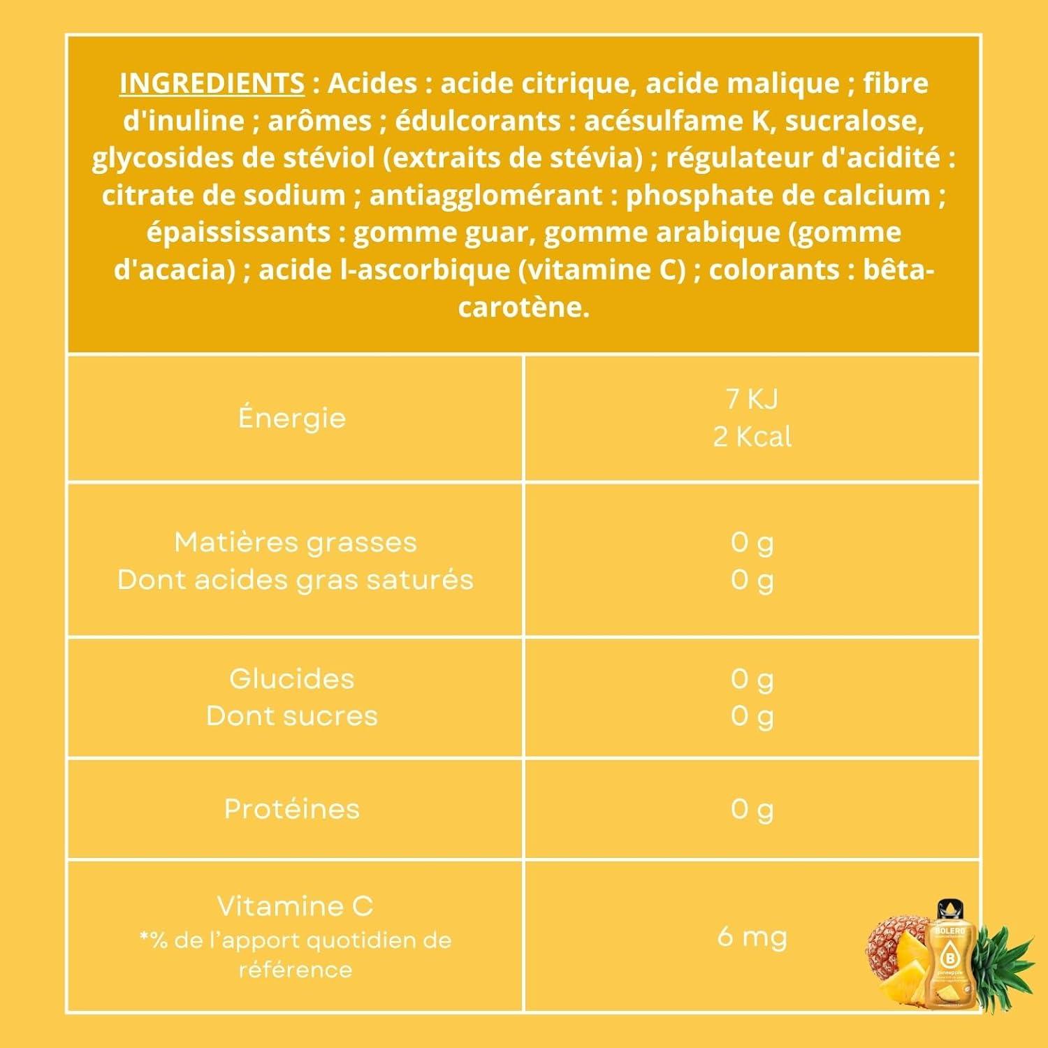 imageBOLERO Exotiques Assortiment de 10 sticks 9g de Poudre pour Boisson sans sucre la Stevia Sans Conservateur ni colorants artificiels Faible en calories il convient pour toute la FamilleAnanas