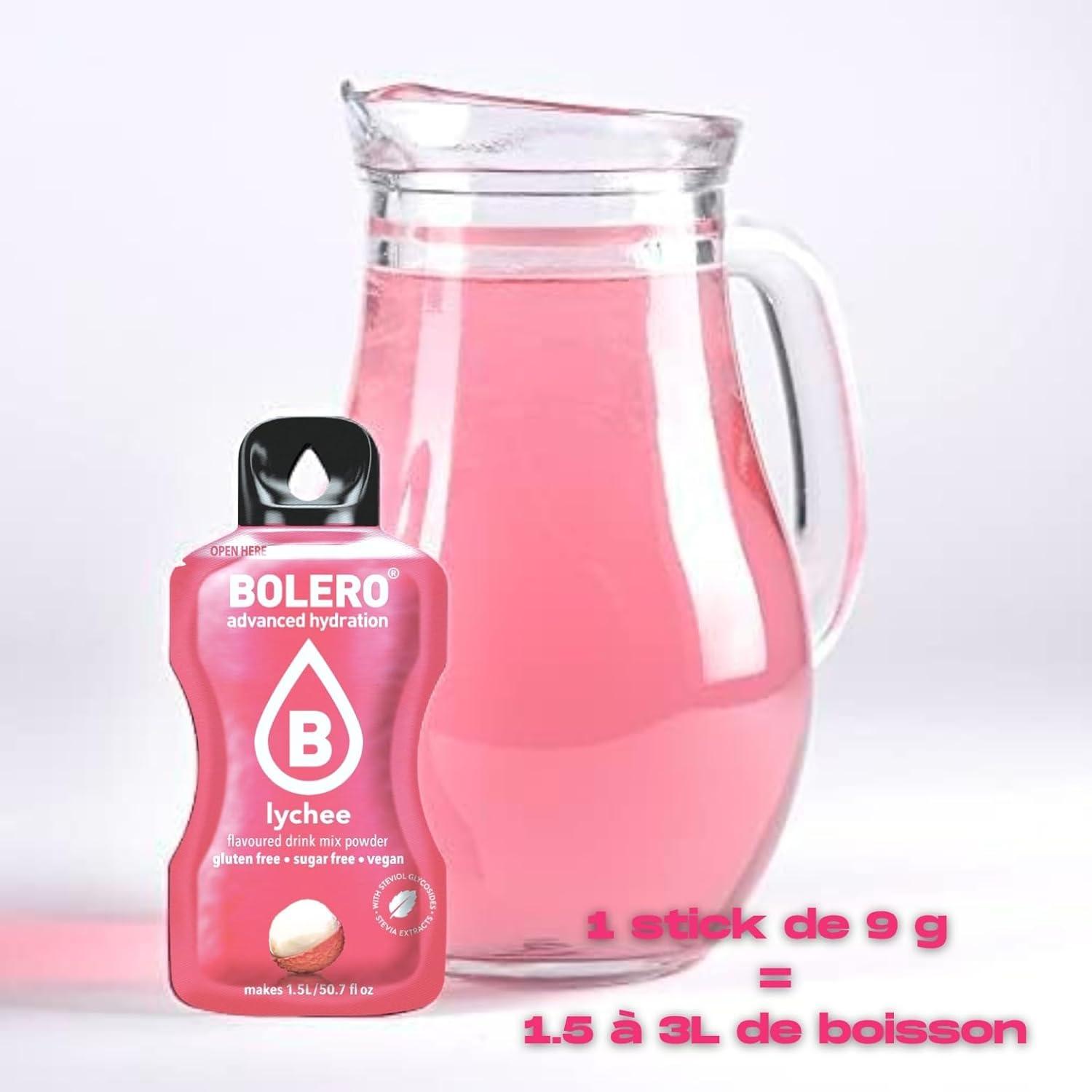 imageBOLERO Exotiques Assortiment de 10 sticks 9g de Poudre pour Boisson sans sucre la Stevia Sans Conservateur ni colorants artificiels Faible en calories il convient pour toute la FamilleLitchi