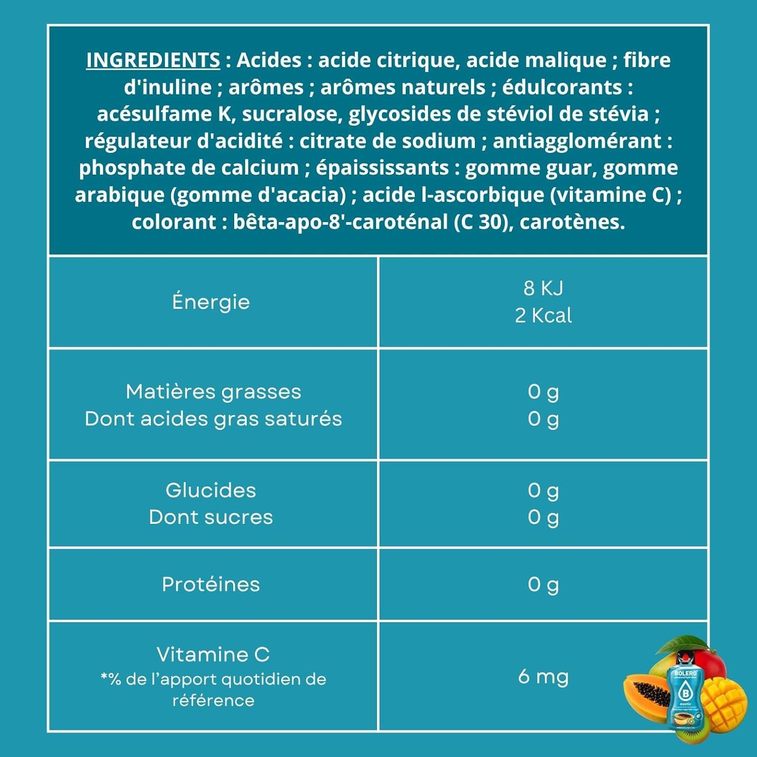 imageBOLERO Exotiques Assortiment de 10 sticks 9g de Poudre pour Boisson sans sucre la Stevia Sans Conservateur ni colorants artificiels Faible en calories il convient pour toute la FamilleExotique
