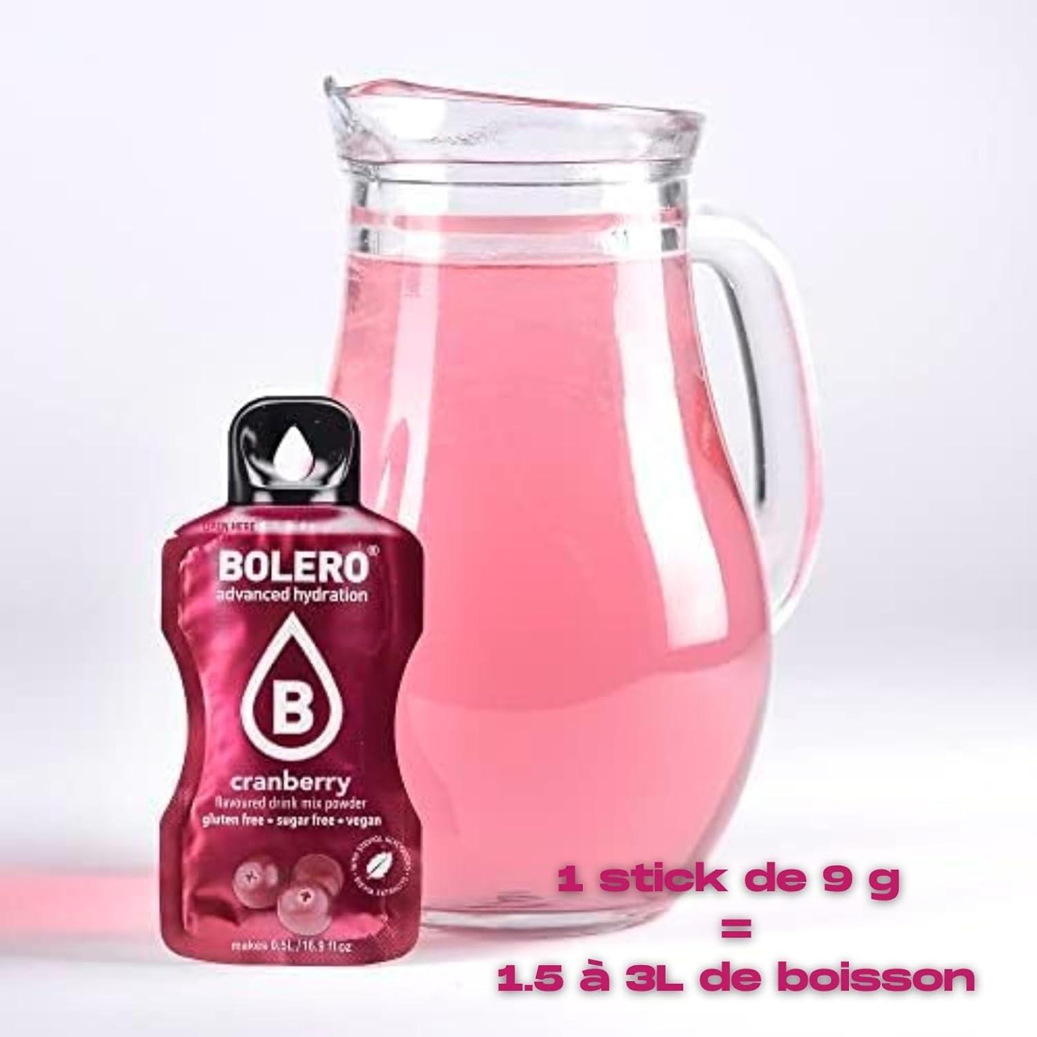 imageBOLERO Exotiques Assortiment de 10 sticks 9g de Poudre pour Boisson sans sucre la Stevia Sans Conservateur ni colorants artificiels Faible en calories il convient pour toute la FamilleCranberry