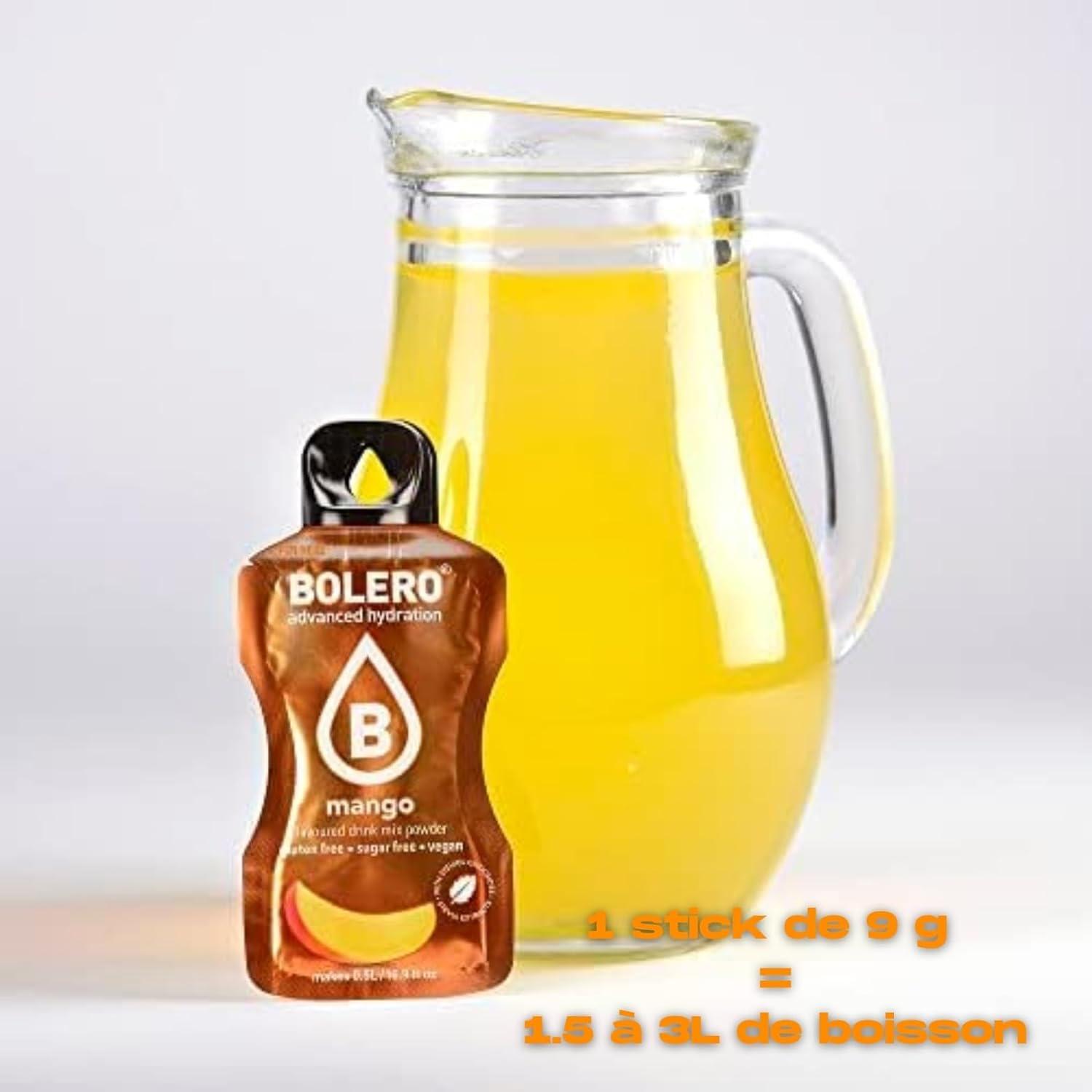 imageBOLERO Exotiques Assortiment de 10 sticks 9g de Poudre pour Boisson sans sucre la Stevia Sans Conservateur ni colorants artificiels Faible en calories il convient pour toute la FamilleMangue