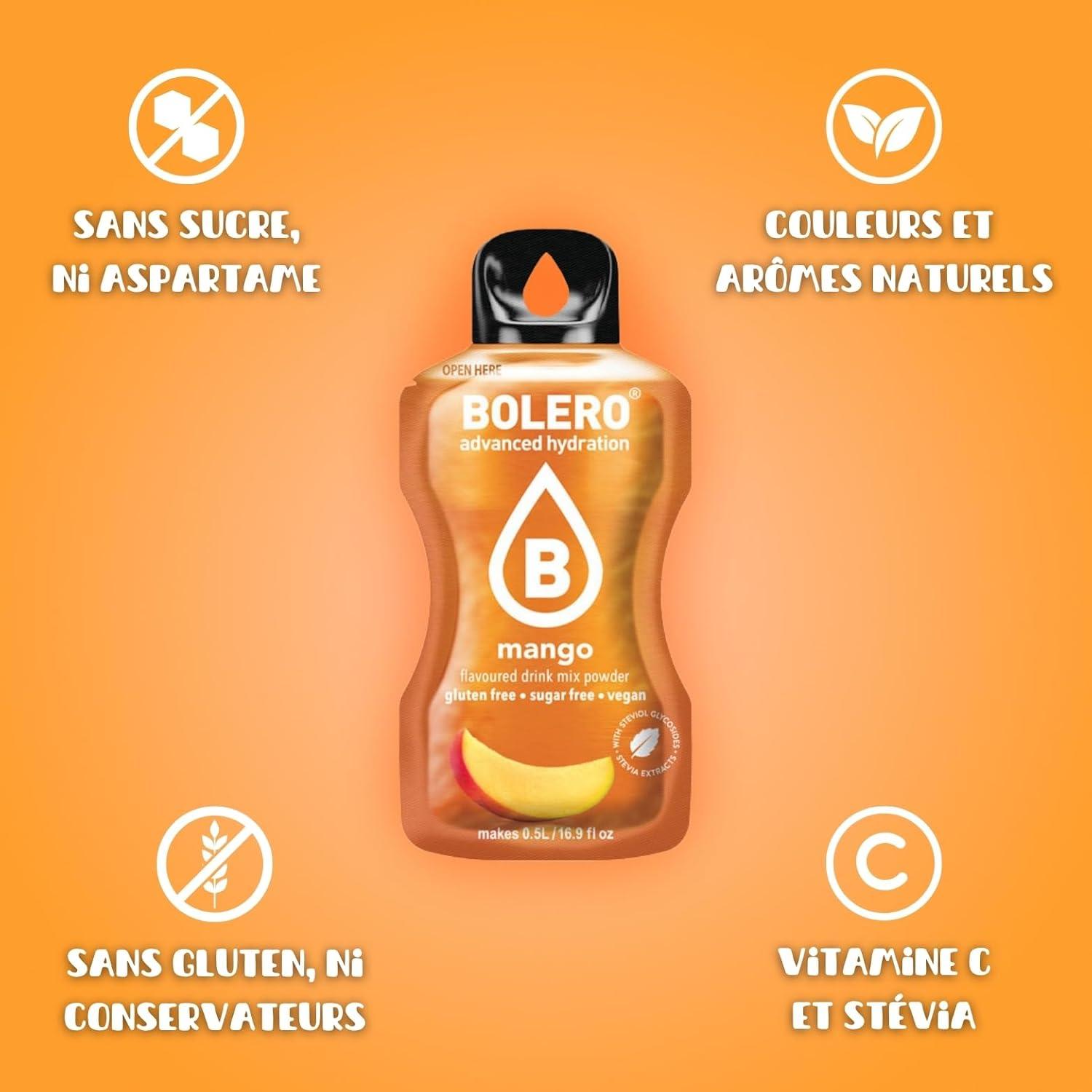 imageBOLERO Exotiques Assortiment de 10 sticks 9g de Poudre pour Boisson sans sucre la Stevia Sans Conservateur ni colorants artificiels Faible en calories il convient pour toute la FamilleMangue