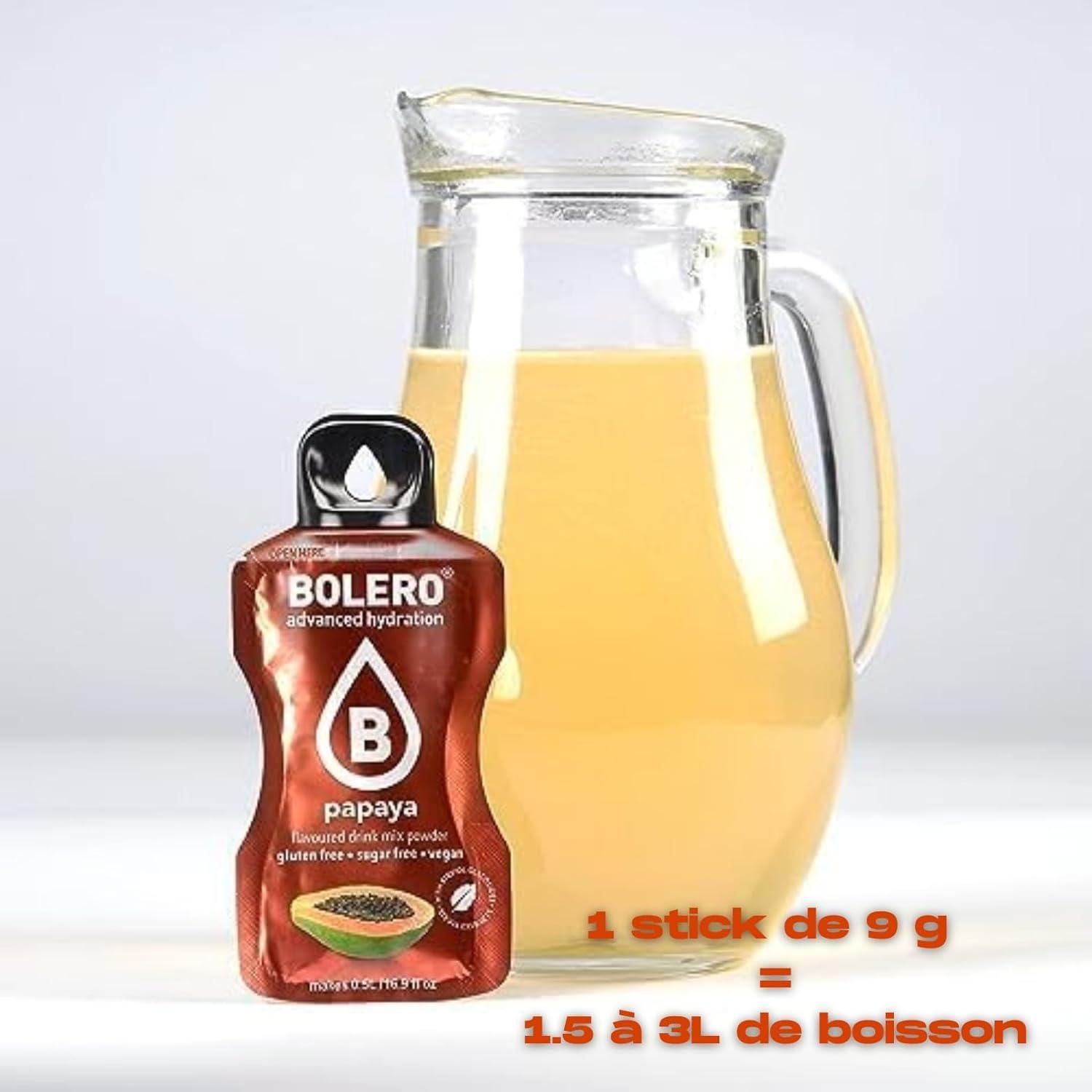 imageBOLERO Exotiques Assortiment de 10 sticks 9g de Poudre pour Boisson sans sucre la Stevia Sans Conservateur ni colorants artificiels Faible en calories il convient pour toute la FamillePapaye