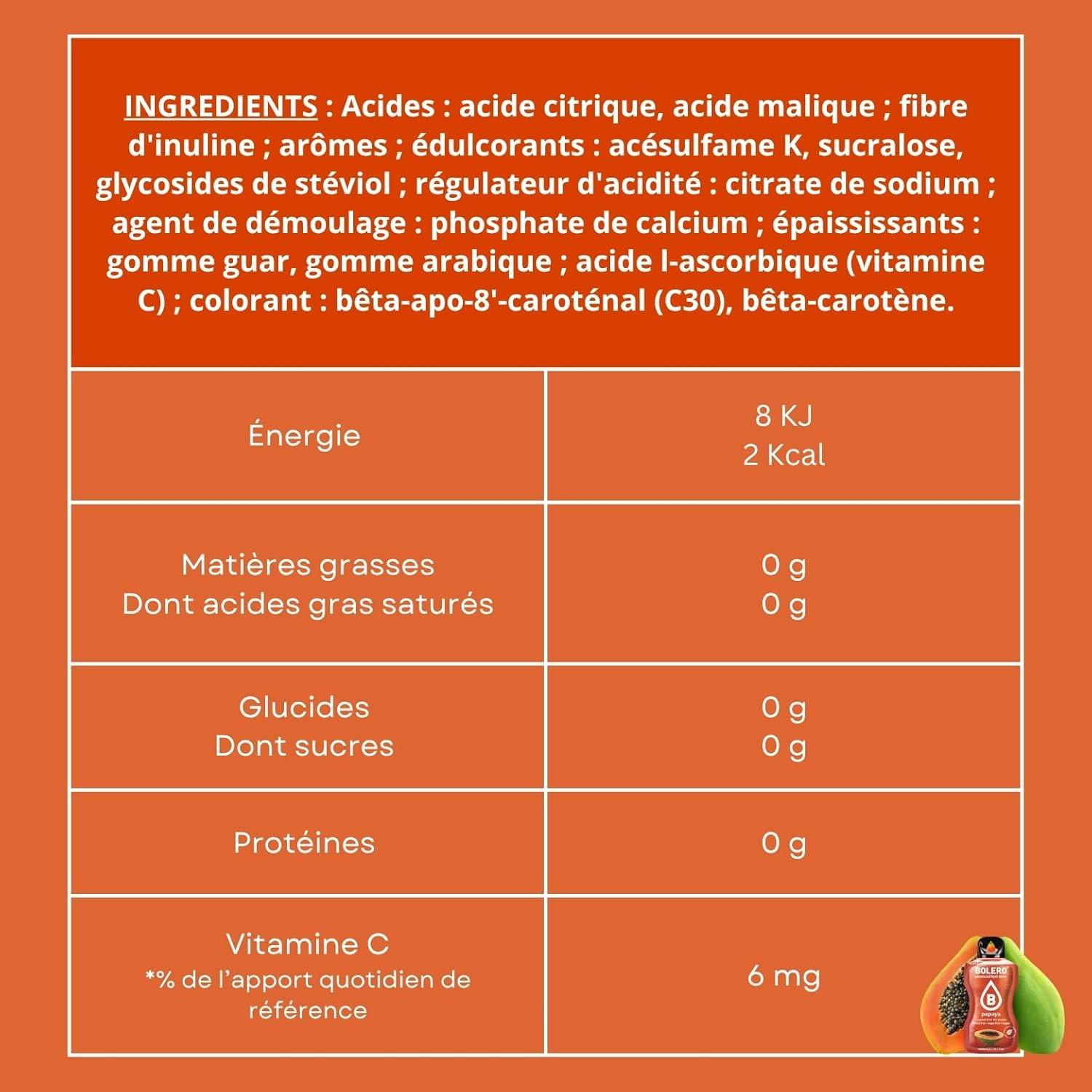 imageBOLERO Exotiques Assortiment de 10 sticks 9g de Poudre pour Boisson sans sucre la Stevia Sans Conservateur ni colorants artificiels Faible en calories il convient pour toute la FamillePapaye