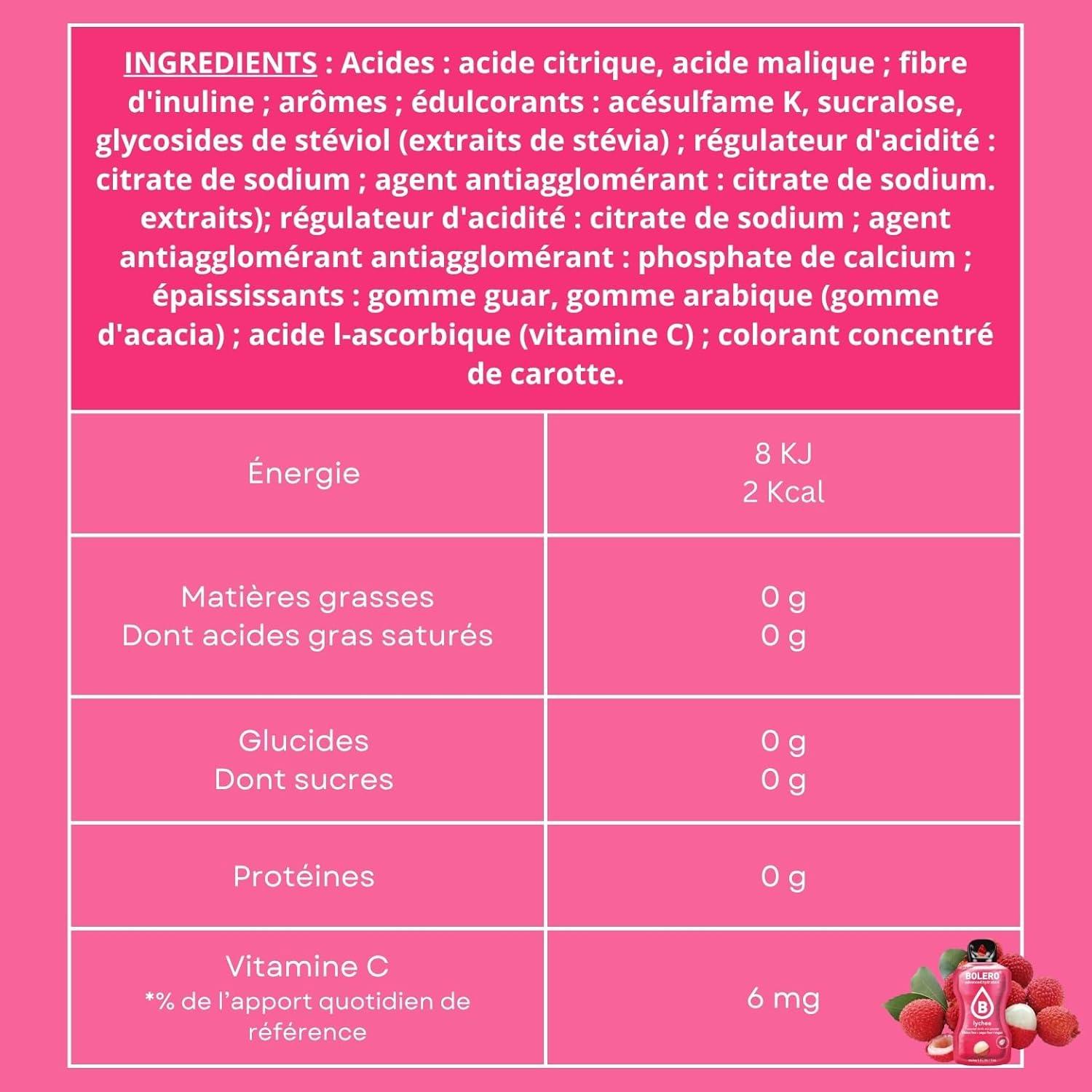 imageBOLERO Exotiques Assortiment de 10 sticks 9g de Poudre pour Boisson sans sucre la Stevia Sans Conservateur ni colorants artificiels Faible en calories il convient pour toute la FamilleLitchi
