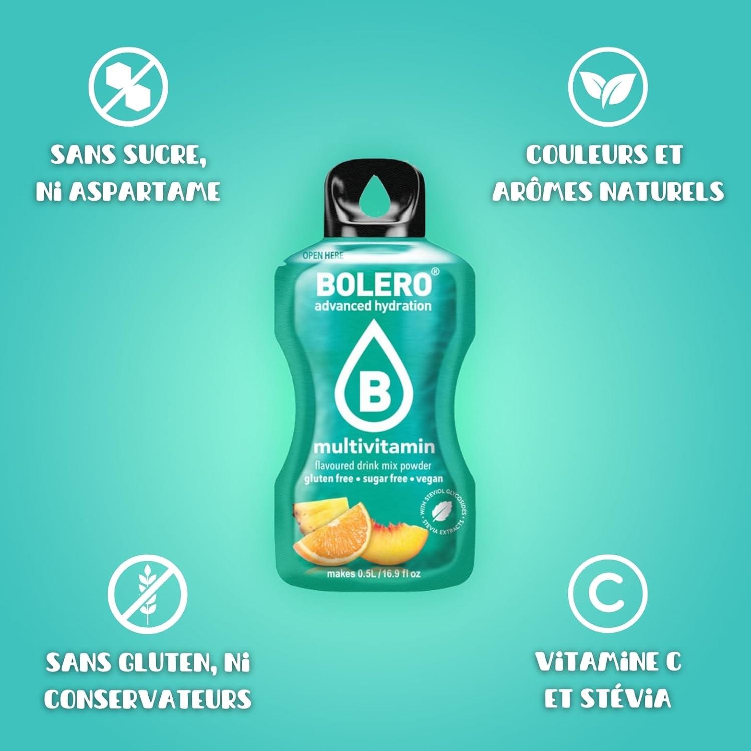 imageBOLERO Exotiques Assortiment de 10 sticks 9g de Poudre pour Boisson sans sucre la Stevia Sans Conservateur ni colorants artificiels Faible en calories il convient pour toute la FamilleMultiFruits
