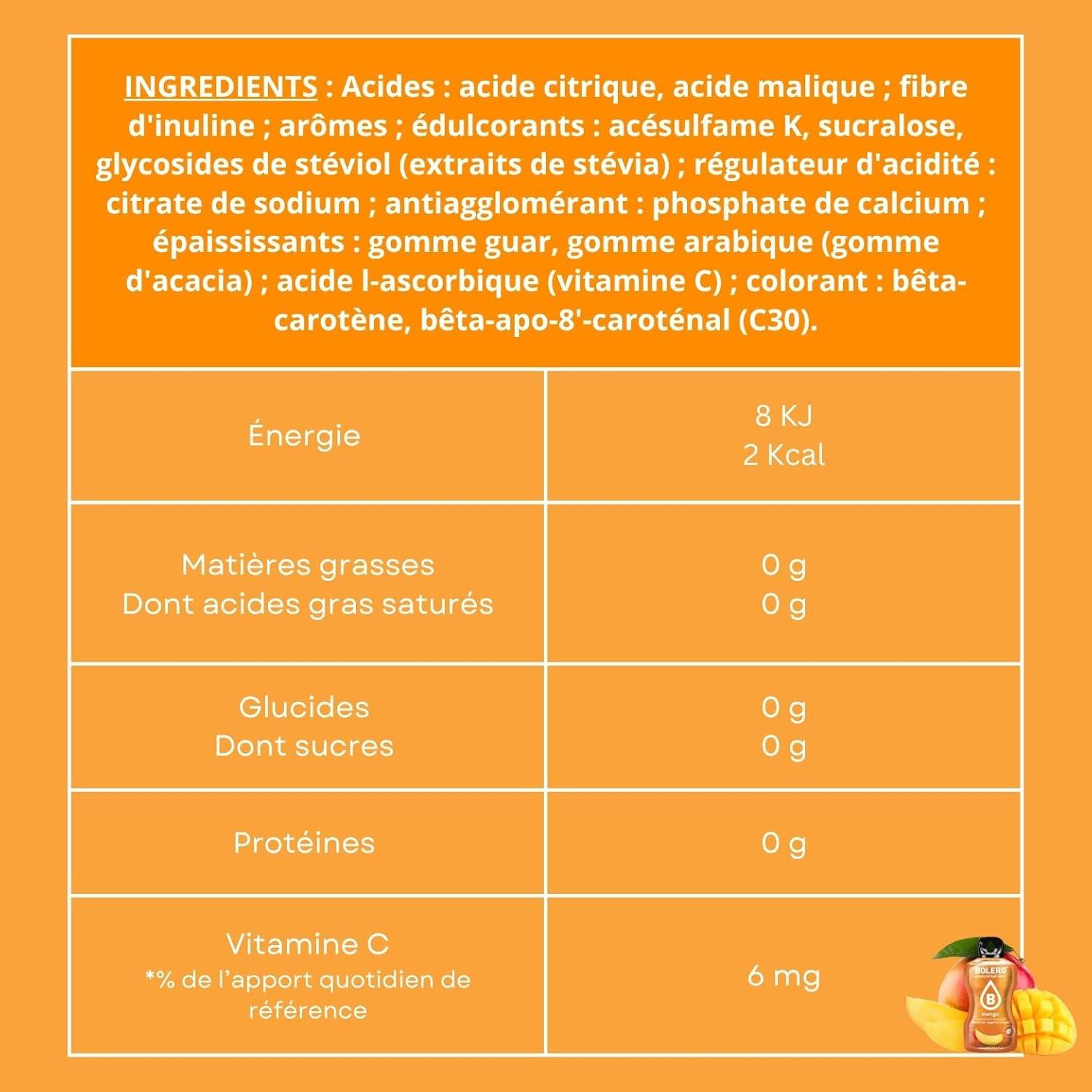 imageBOLERO Exotiques Assortiment de 10 sticks 9g de Poudre pour Boisson sans sucre la Stevia Sans Conservateur ni colorants artificiels Faible en calories il convient pour toute la FamilleMangue