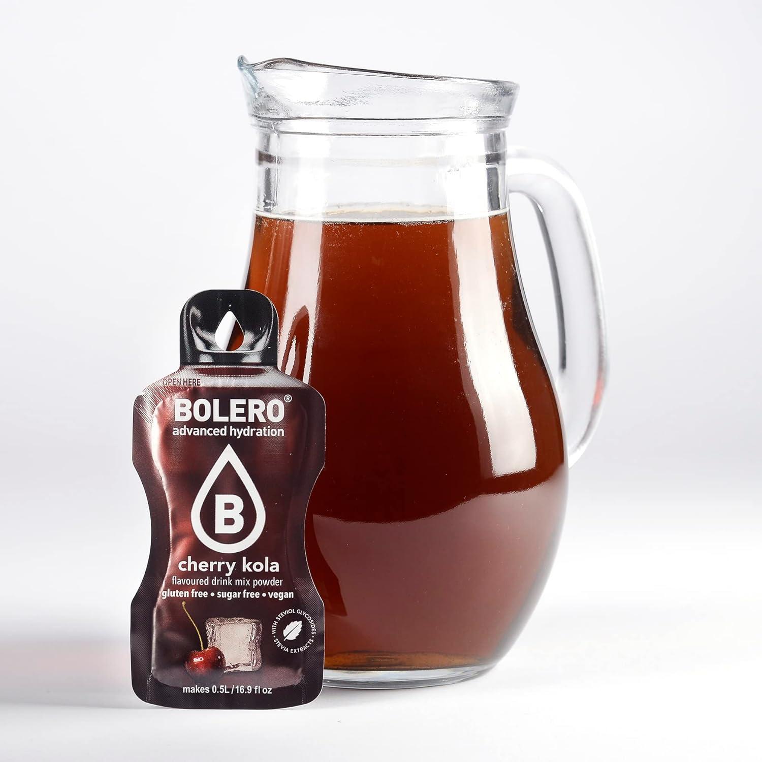 imageBolero CHERRY COLA 24x3g Jus en poudre sans sucre dulcor la stvia vitamine C pour enfants et sportifs sans gluten vgtalien saveur cerise cola
