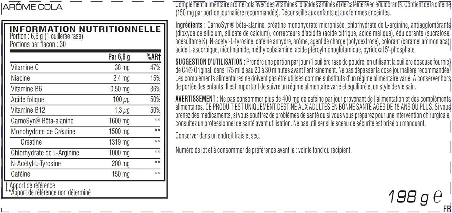 imageC4 Original Pre Workout Powder Cola 30 portions Boisson nergtique en poudre sans sucre avec 150mg de cafine 1500mg de cratine monohydrate 1600mg de btaalanine