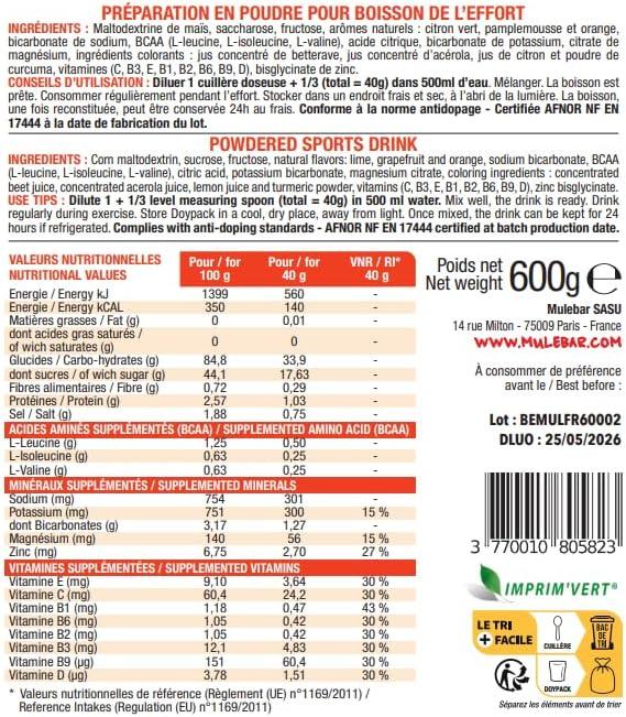 imageMULEBAR Boisson DHydratation En Poudre Fruits Rouges Antioxydant 8 Vitamines 5 Minraux Electrolytes Got Trs Peu Sucr Facile Digrer Fabriqu En France 250grAgrumes