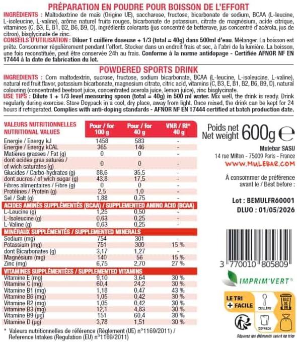 imageMULEBAR Boisson DHydratation En Poudre Fruits Rouges Antioxydant 8 Vitamines 5 Minraux Electrolytes Got Trs Peu Sucr Facile Digrer Fabriqu En France 250grFruits Rouges