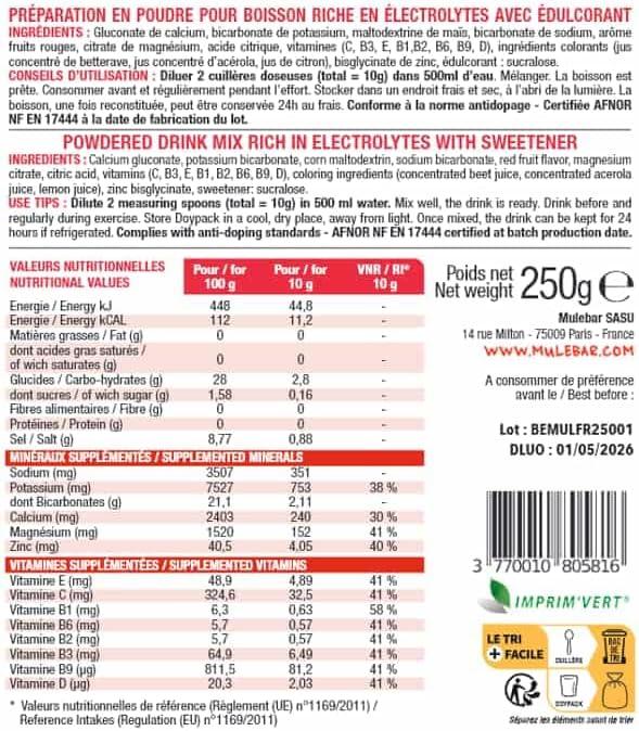 imageMULEBAR Boisson DHydratation En Poudre Fruits Rouges Antioxydant 8 Vitamines 5 Minraux Electrolytes Got Trs Peu Sucr Facile Digrer Fabriqu En France 250grFruits Rouges