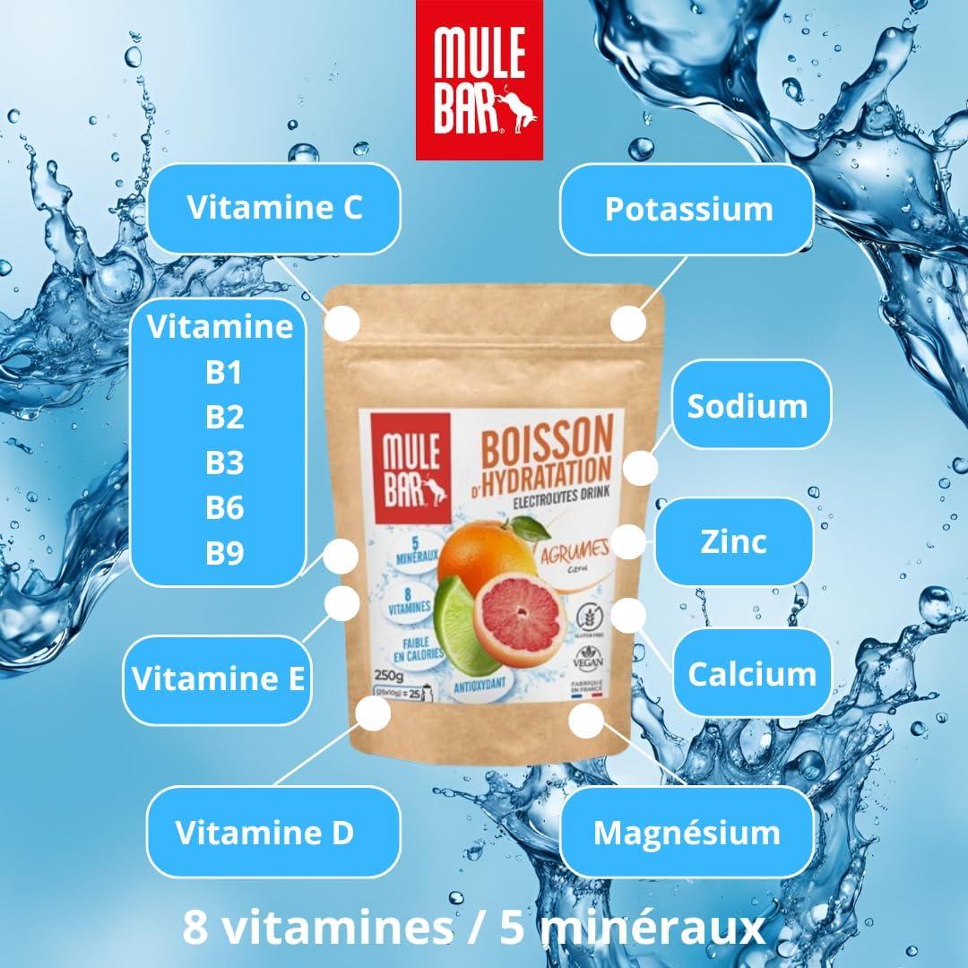 imageMULEBAR Boisson DHydratation En Poudre Fruits Rouges Antioxydant 8 Vitamines 5 Minraux Electrolytes Got Trs Peu Sucr Facile Digrer Fabriqu En France 250grAgrumes