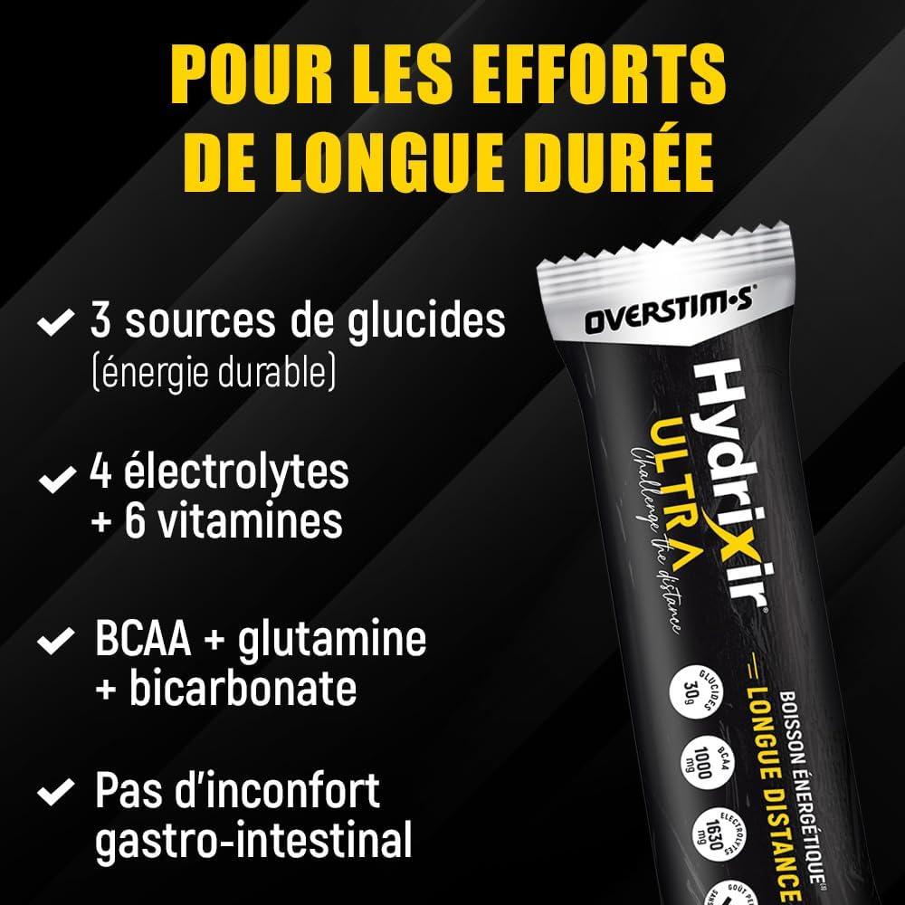 imageOverstims Boisson Hydrixir Ultra Stick 10x40g 3 sources de glucides 4 lectrolytes 6 vitamines BCAA Glutamine Bicarbonate de sodium Saveur peu sucre Citron Citronvert