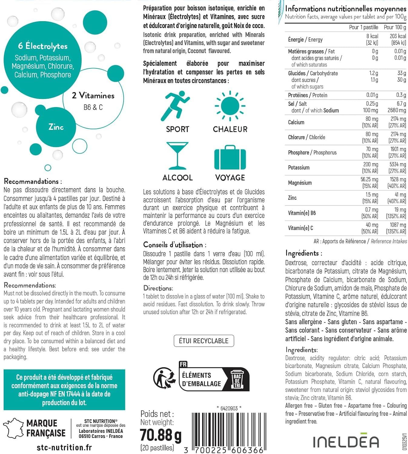 imageSTC NUTRITION Hydra Prparation pour boisson isotonique base dlectrolytes Vitamines sucre et dulcorant naturels Optimise lhydratation 20 Pastilles Got CitronCoco
