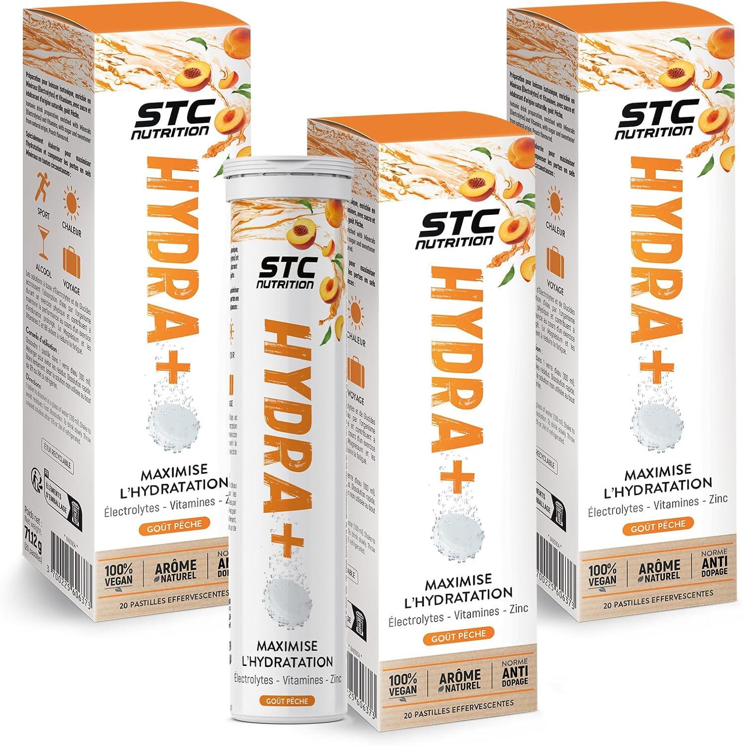 imageSTC NUTRITION Hydra Prparation pour boisson isotonique base dlectrolytes Vitamines sucre et dulcorant naturels Optimise lhydratation 20 Pastilles Got CitronPche