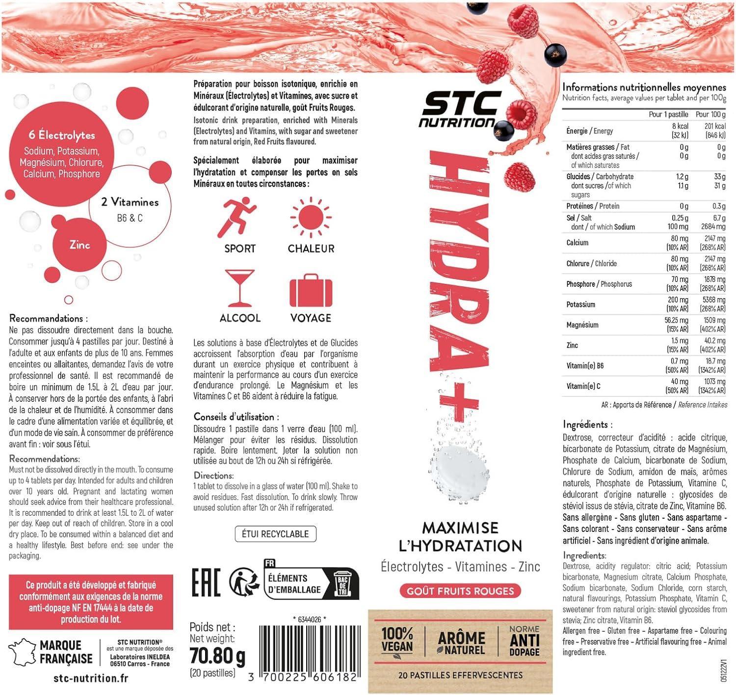 imageSTC NUTRITION Hydra Prparation pour boisson isotonique base dlectrolytes Vitamines sucre et dulcorant naturels Optimise lhydratation 20 Pastilles Got CitronFruits Rouges