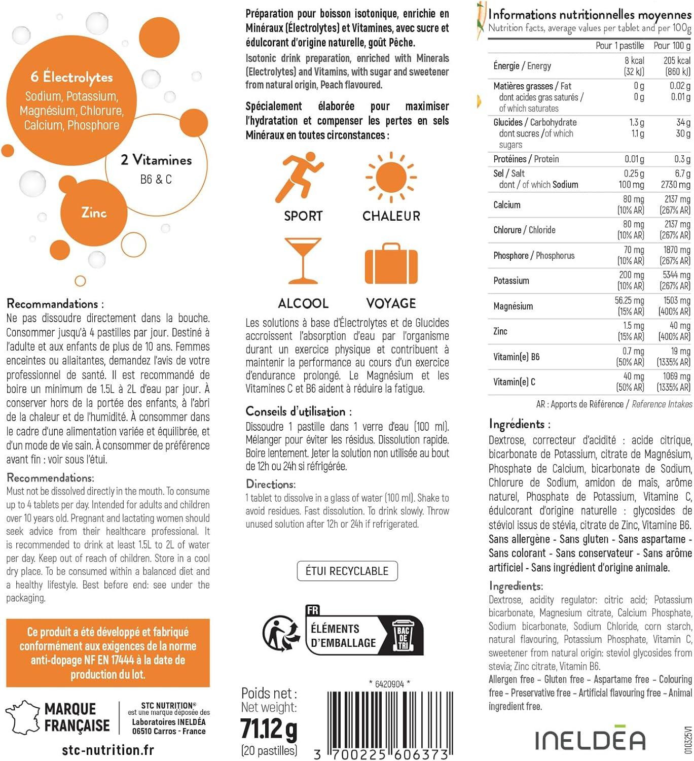 imageSTC NUTRITION Hydra Prparation pour boisson isotonique base dlectrolytes Vitamines sucre et dulcorant naturels Optimise lhydratation 20 Pastilles Got CitronPche