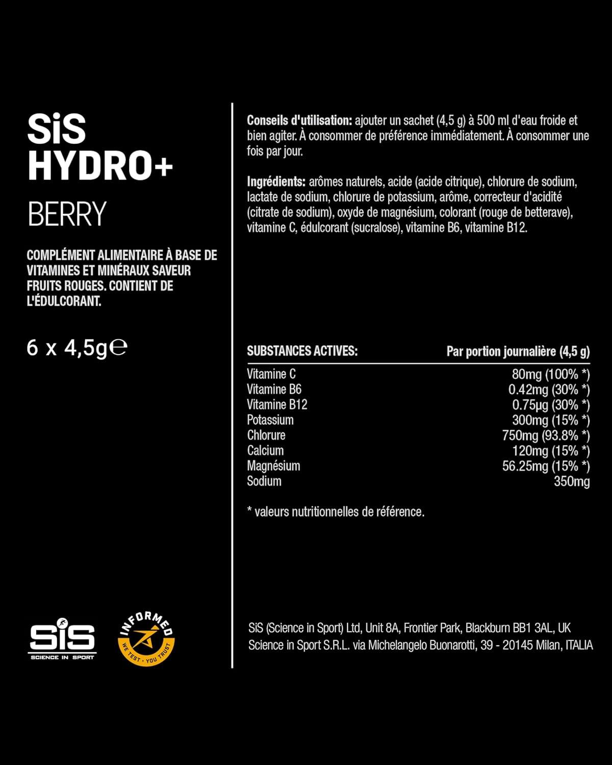imageScience in Sport HYDRO Electrolyte Drink Mix 6x43g Orange ampamp mangue Poudre dlectrolytes vegan Boisson sportive en poudre avec vitamine C et 5 lectrolytes essentielsFruits Rouges