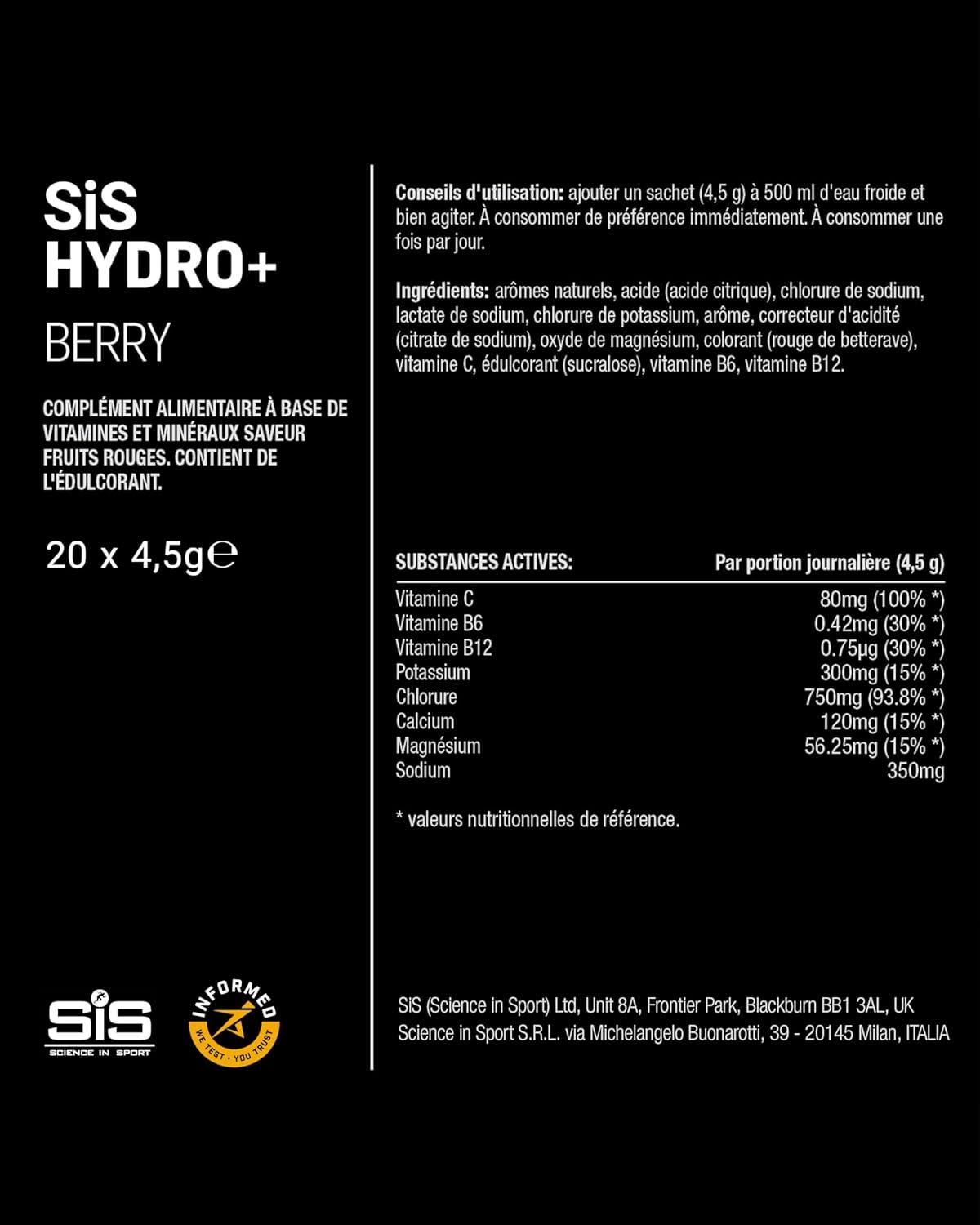 imageScience in Sport HYDRO Electrolyte Drink Mix 6x43g Orange ampamp mangue Poudre dlectrolytes vegan Boisson sportive en poudre avec vitamine C et 5 lectrolytes essentielsFruits Rouges