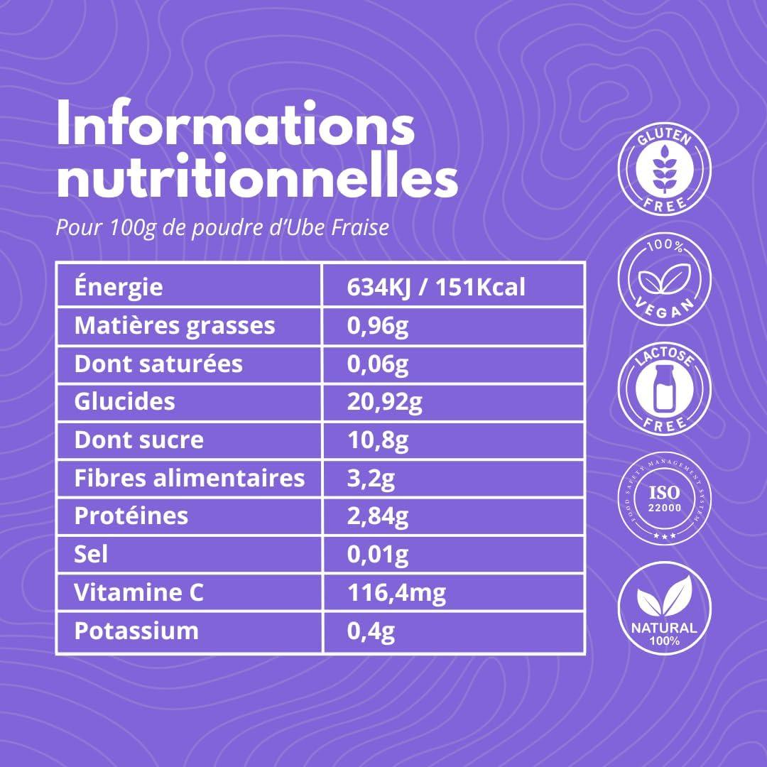 imageUBE DRINK Poudre dUbe Premium 100 Naturelle 100g Igname Violette Latte Ptisseries Smoothies Vegan Sans Gluten Sans Lactose Sans Sucre Vanille de MadagascarFraise naturelle