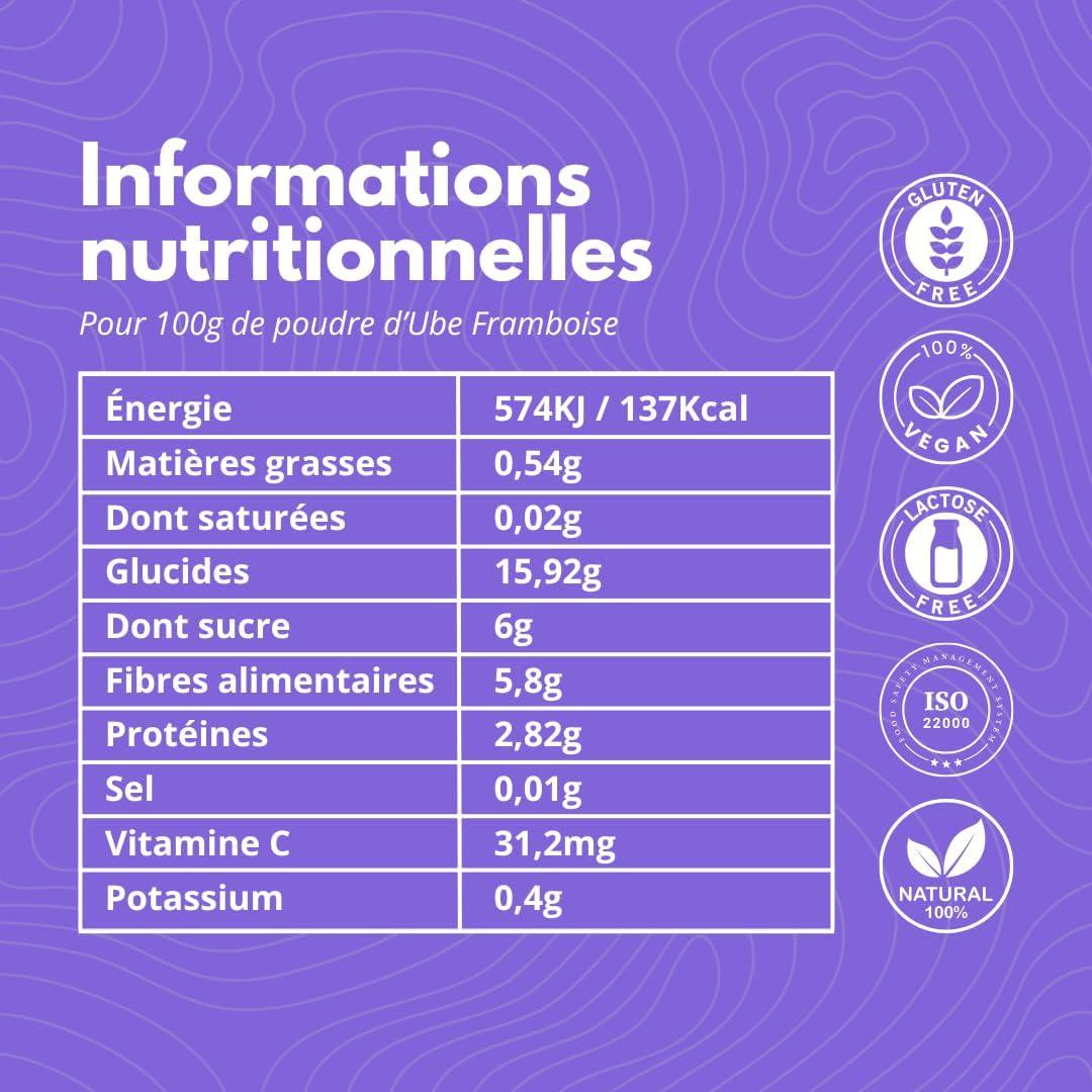 imageUBE DRINK Poudre dUbe Premium 100 Naturelle 100g Igname Violette Latte Ptisseries Smoothies Vegan Sans Gluten Sans Lactose Sans Sucre Vanille de MadagascarFramboise naturelle