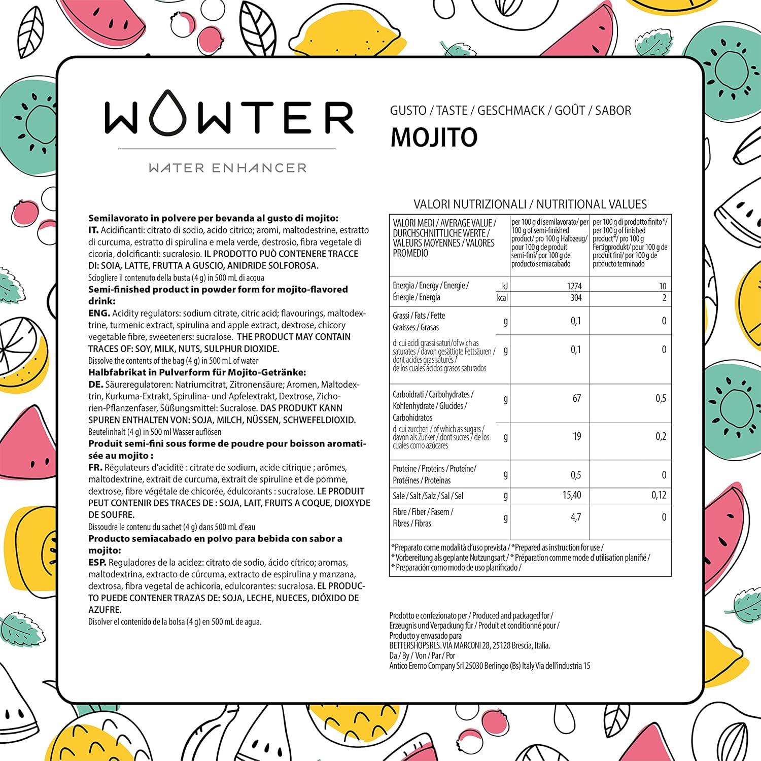 imageWOWTER by AMZ BETTER Poudre Pour Aromatiser leau 24 Sachets de Poudre de Saveur de Mojito Sans Calories Sans OGM Sans Gluten Sans Sucre Made in Italy 96 g