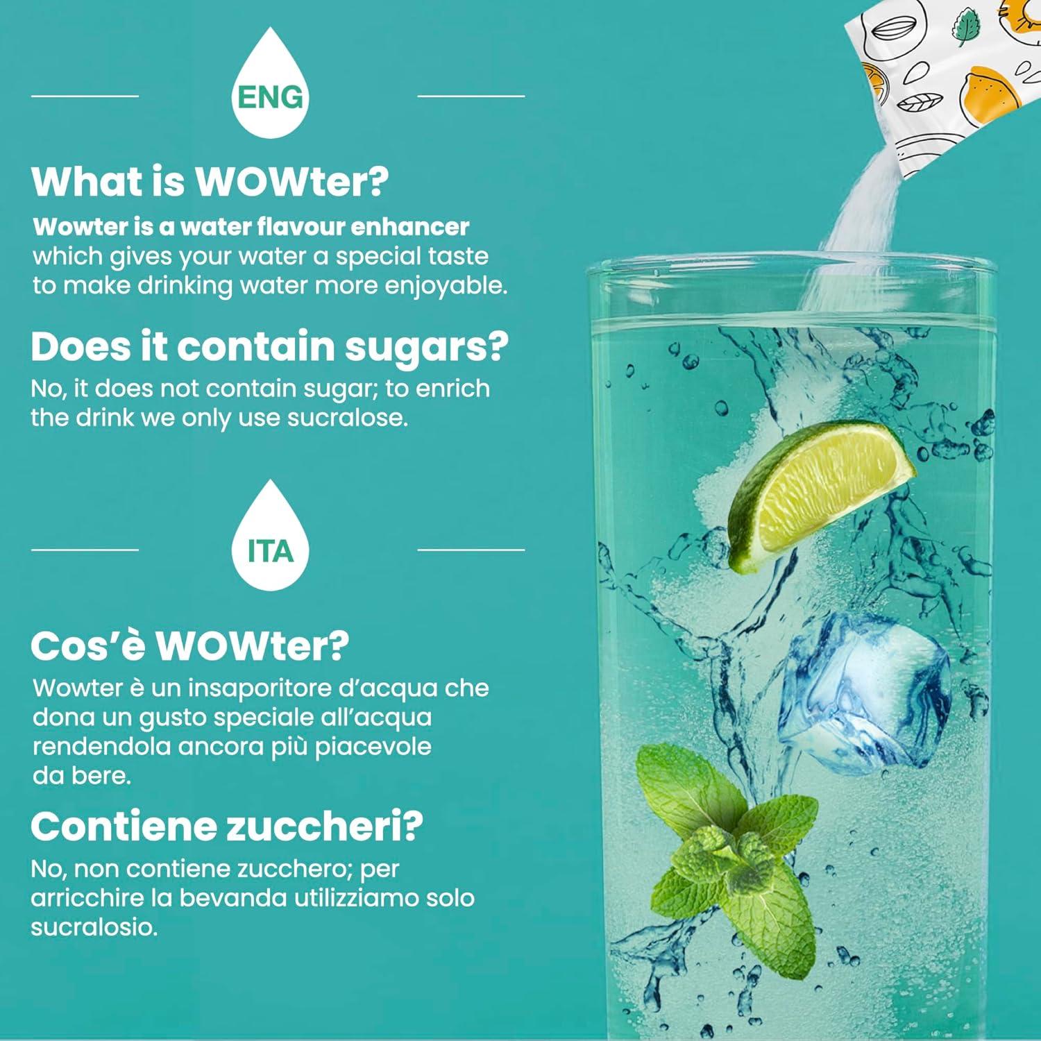 imageWOWTER by AMZ BETTER Poudre Pour Aromatiser leau 24 Sachets de Poudre de Saveur de Mojito Sans Calories Sans OGM Sans Gluten Sans Sucre Made in Italy 96 g