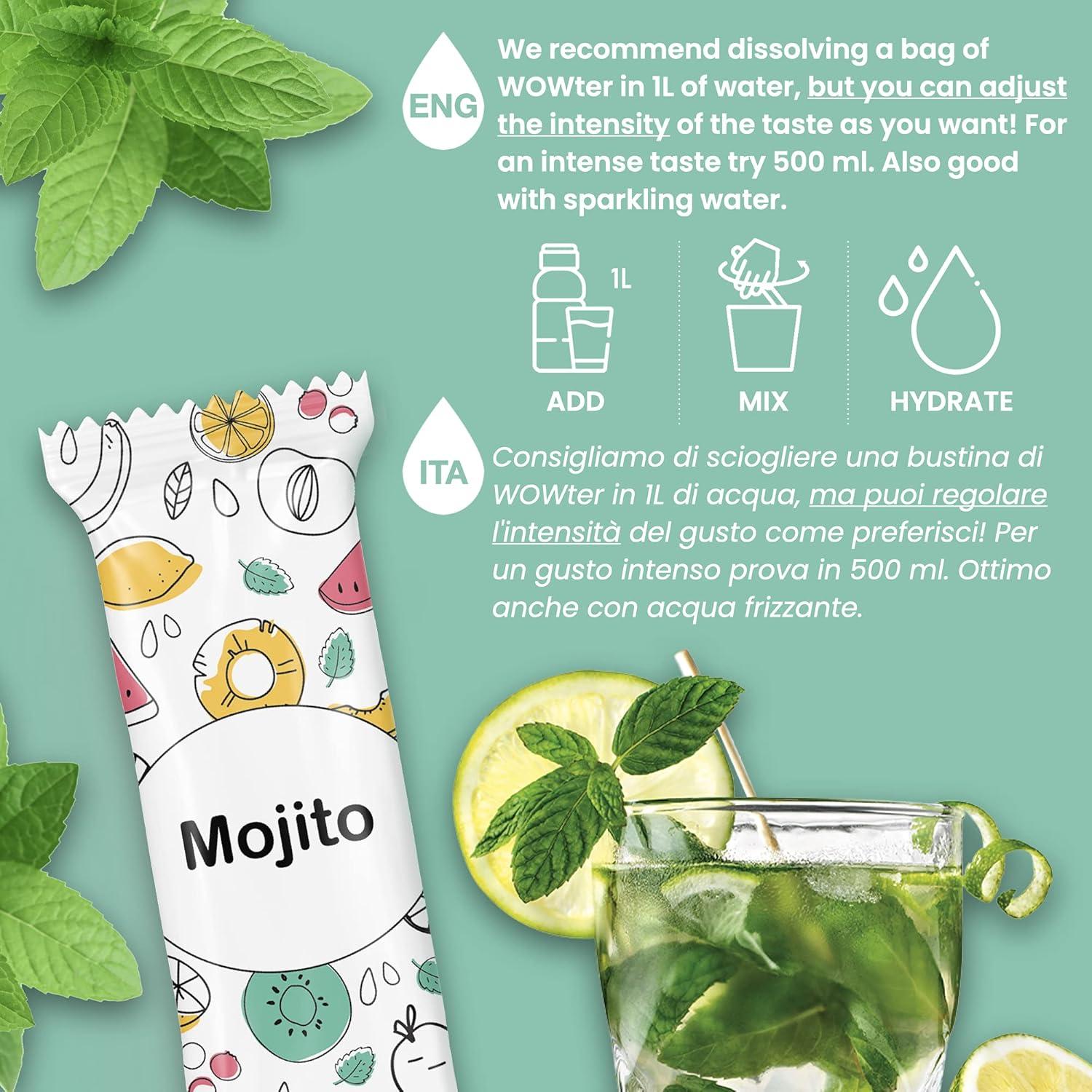 imageWOWTER by AMZ BETTER Poudre Pour Aromatiser leau 24 Sachets de Poudre de Saveur de Mojito Sans Calories Sans OGM Sans Gluten Sans Sucre Made in Italy 96 g