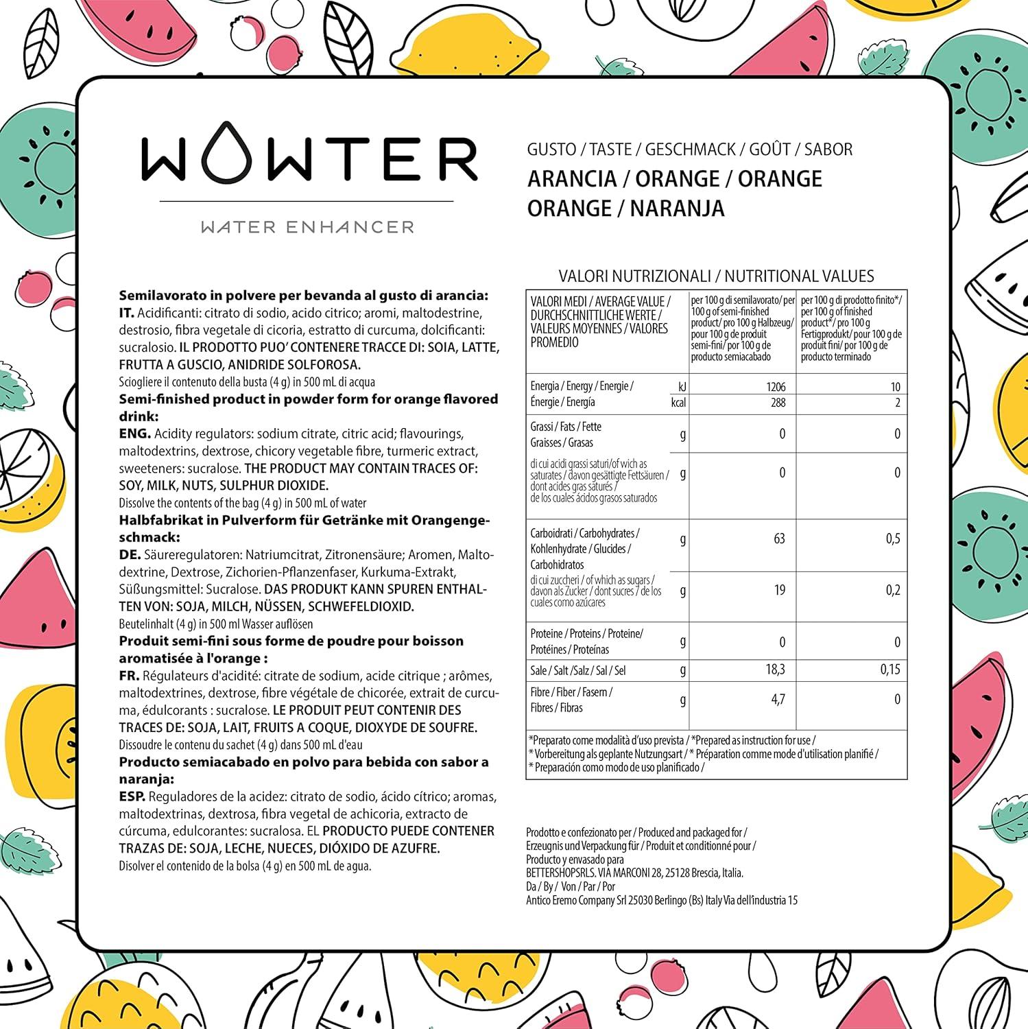 imageWOWTER by AMZ BETTER Poudre Pour Aromatiser leau 24 Sachets de Poudre de Saveur de Orange Sans Calories Sans OGM Sans Gluten Sans Sucre Made in Italy 96 g