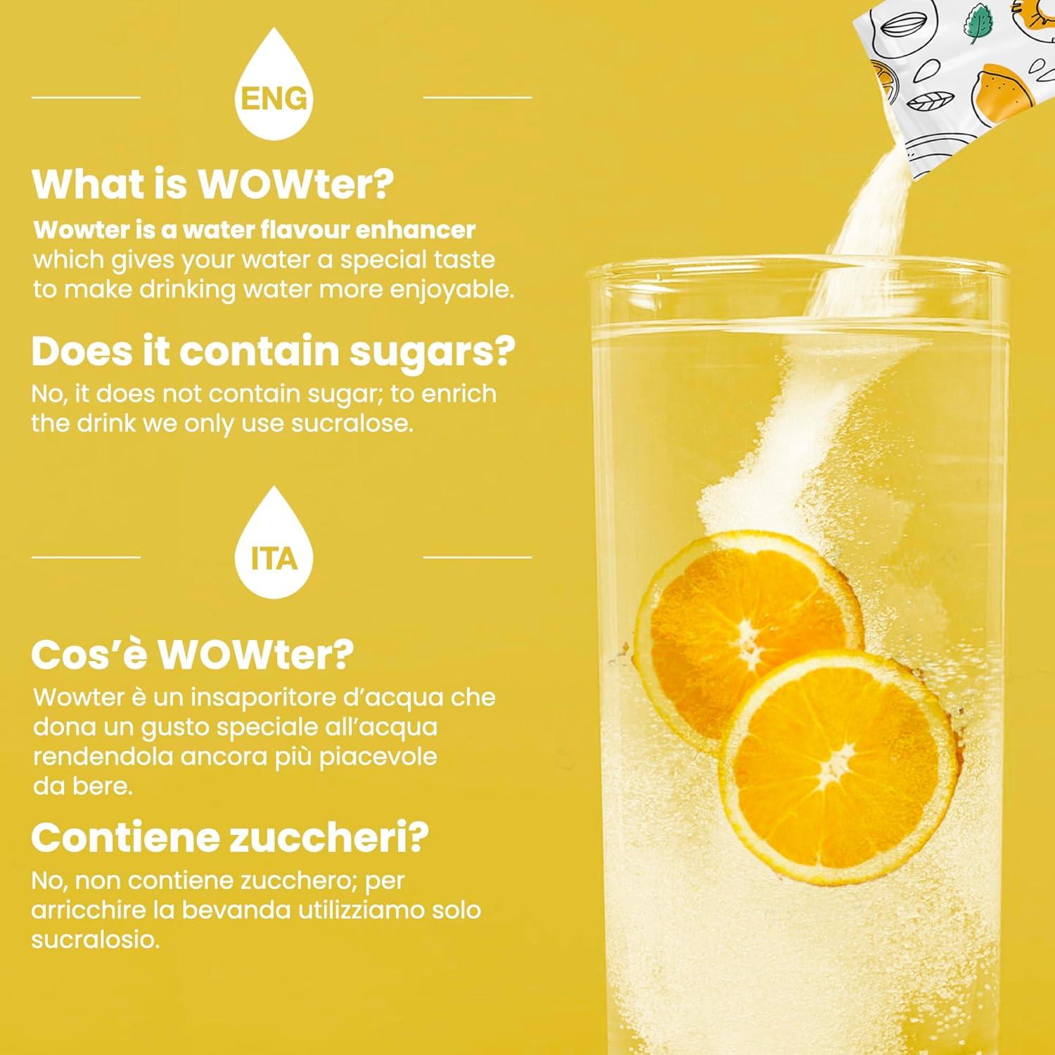 imageWOWTER by AMZ BETTER Poudre Pour Aromatiser leau 24 Sachets de Poudre de Saveur de Orange Sans Calories Sans OGM Sans Gluten Sans Sucre Made in Italy 96 g
