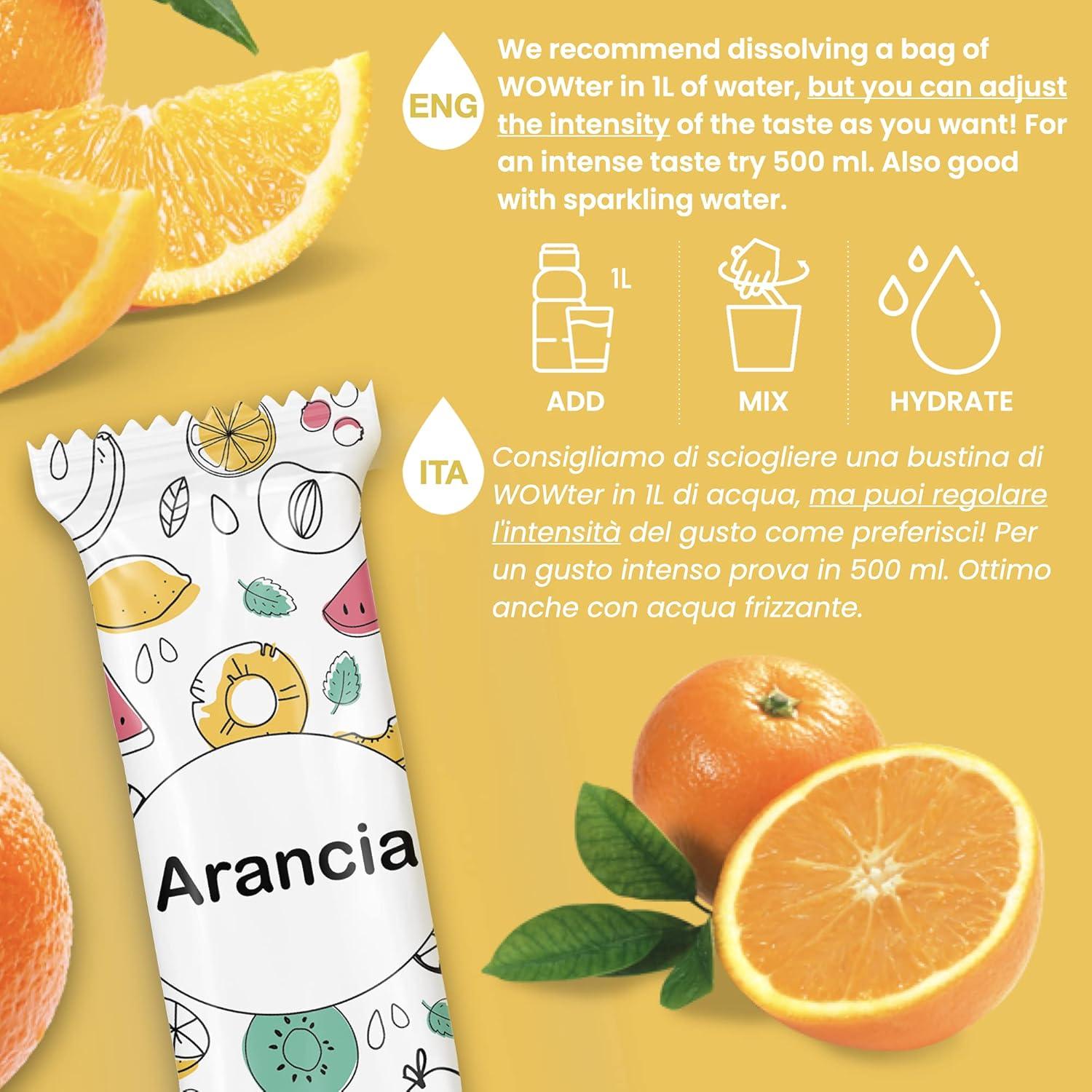 imageWOWTER by AMZ BETTER Poudre Pour Aromatiser leau 24 Sachets de Poudre de Saveur de Orange Sans Calories Sans OGM Sans Gluten Sans Sucre Made in Italy 96 g