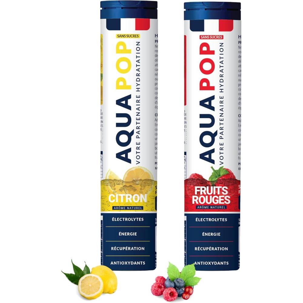 imageAQUAPOP Pastilles lectrolytes Pack de 2 Citron et Fruits Rouge Sans Sucres Favorise lhydratation et lnergie 20 Comprims Minraux et Vitamines Sport ampamp Bientre 2 Pack