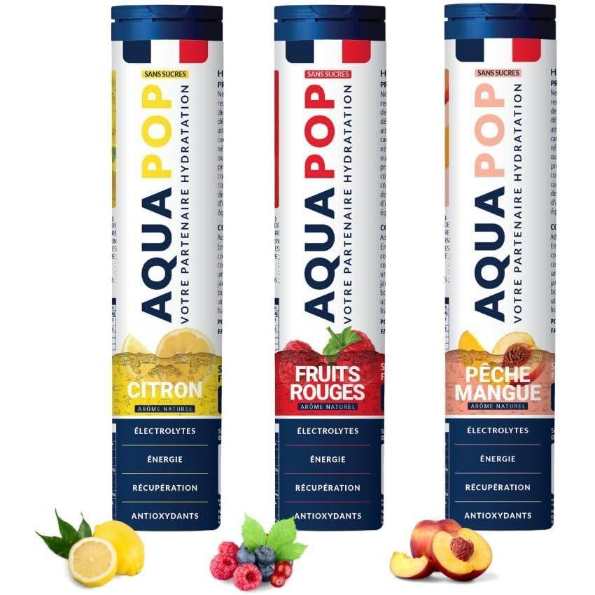 imageAQUAPOP Pastilles lectrolytes Pack de 3 tubes Sans Sucres Favorise lhydratation et lnergie 60 Comprims Minraux et Vitamines Sport ampamp Bientre Fruits Rouge Citron Pche 3Pack