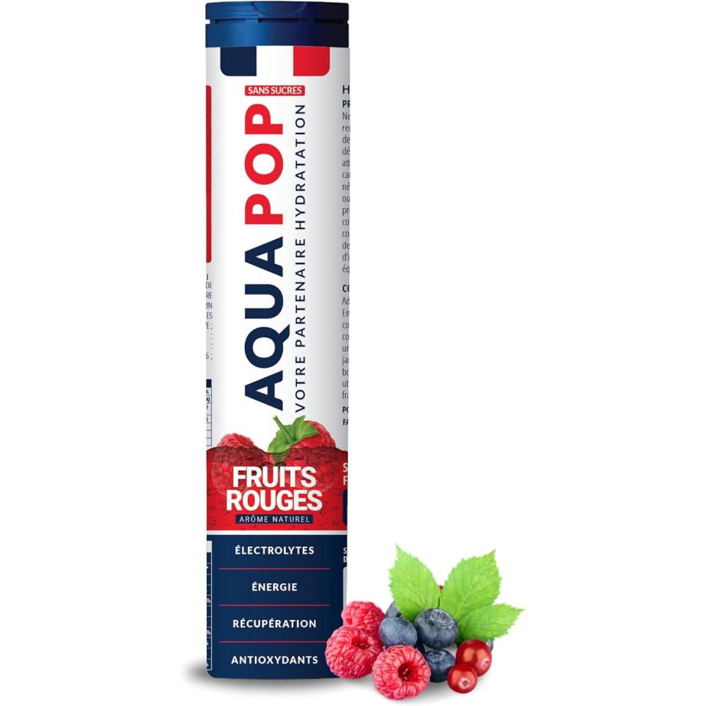 imageAQUAPOP Pastilles lectrolytes Sans Sucres Favorise lhydratation et lnergie 20 Comprims Minraux et Vitamines Sport ampamp Bientre Fruits RougesFruits Rouges