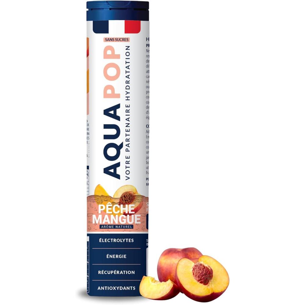 imageAQUAPOP Pastilles lectrolytes Sans Sucres Favorise lhydratation et lnergie 20 Comprims Minraux et Vitamines Sport ampamp Bientre Fruits RougesPcheMangue