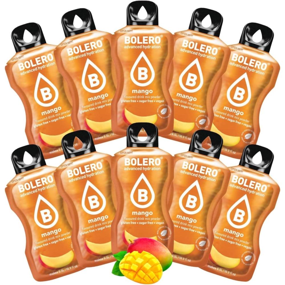 imageBOLERO Exotiques Assortiment de 10 sticks 9g de Poudre pour Boisson sans sucre la Stevia Sans Conservateur ni colorants artificiels Faible en calories il convient pour toute la FamilleMangue