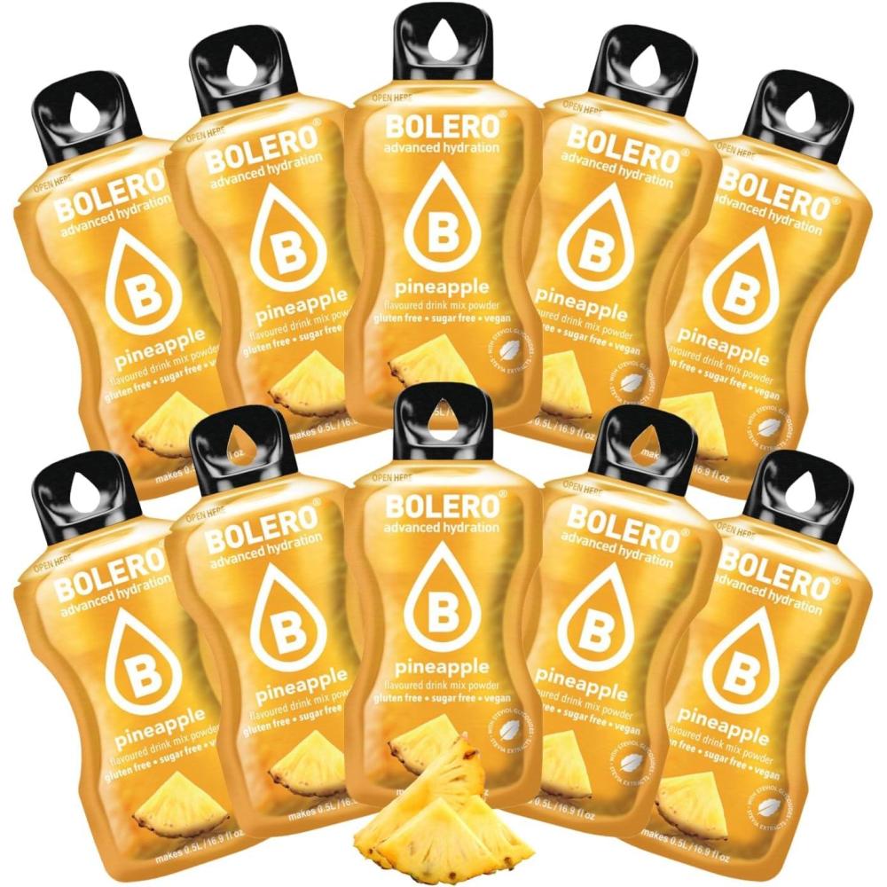 imageBOLERO Exotiques Assortiment de 10 sticks 9g de Poudre pour Boisson sans sucre la Stevia Sans Conservateur ni colorants artificiels Faible en calories il convient pour toute la FamilleAnanas