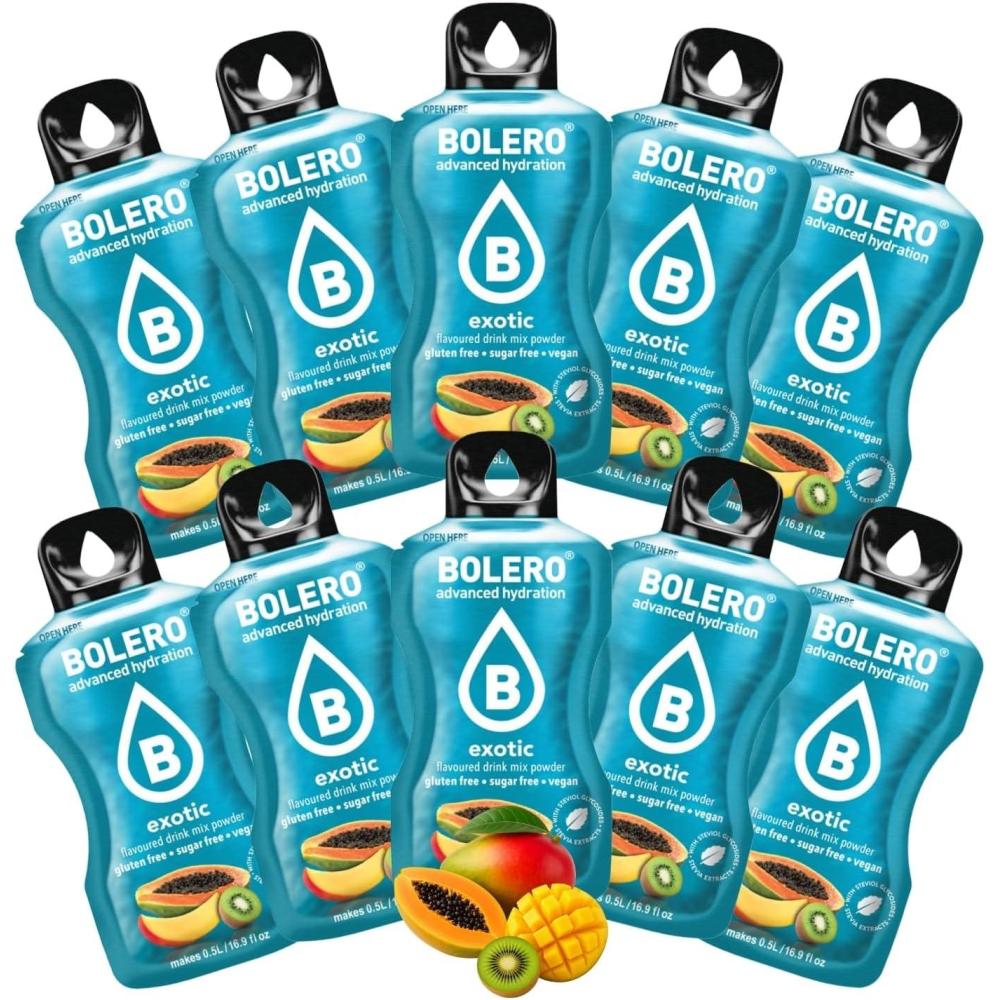 imageBOLERO Exotiques Assortiment de 10 sticks 9g de Poudre pour Boisson sans sucre la Stevia Sans Conservateur ni colorants artificiels Faible en calories il convient pour toute la FamilleExotique
